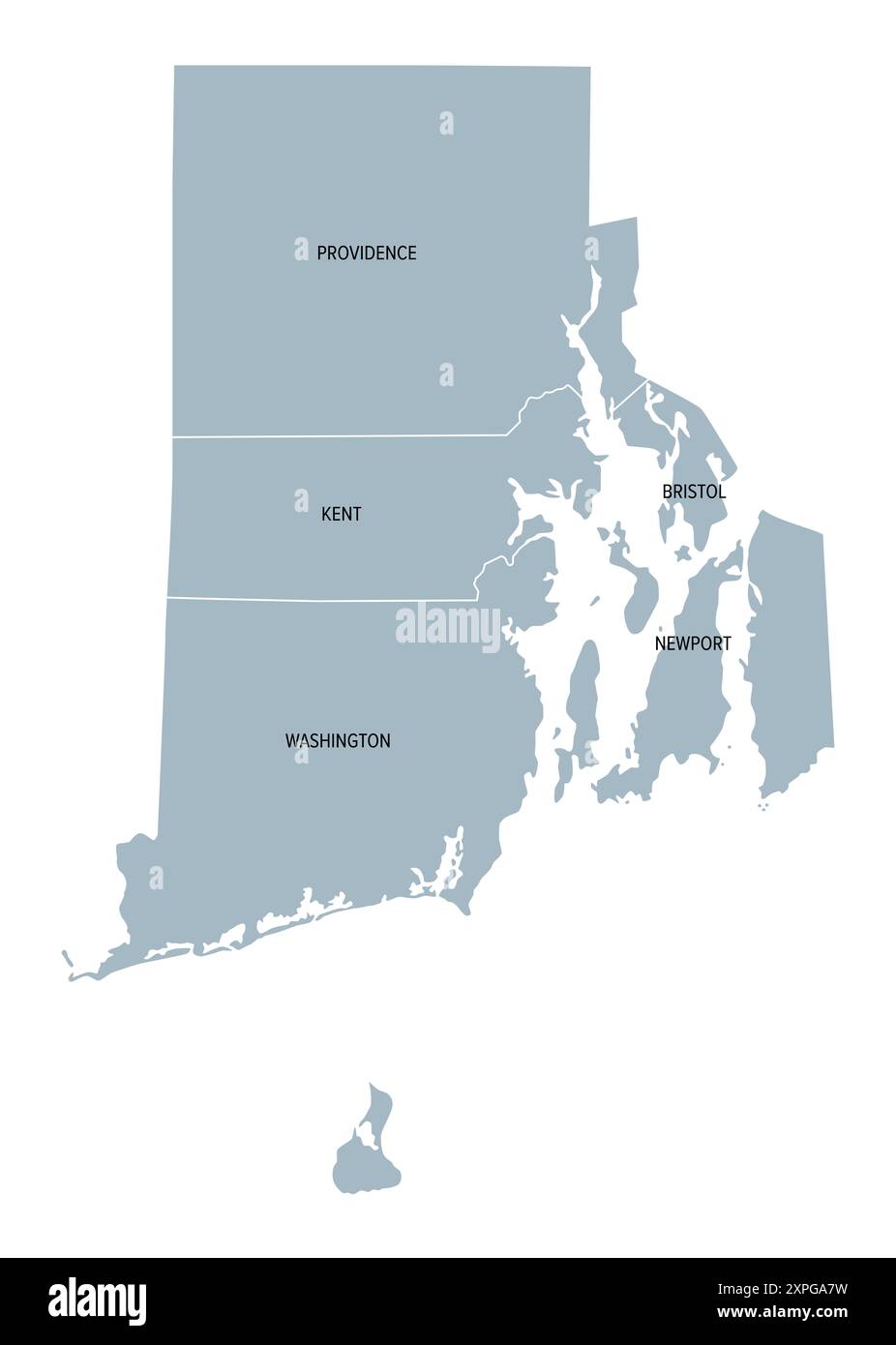Rhode Island, stato degli Stati Uniti suddiviso in 5 contee, mappa politica grigia con confini e nomi di contea. Stato nella regione del New England degli Stati Uniti. Foto Stock