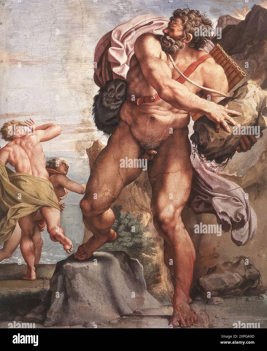 CARRACCI, Annibale (1560, Bologna, 1609, Roma) il Ciclope Polifemo 1595-1605 affresco Palazzo Farnese, Roma l'affresco raffigura la scena in cui il geloso Ciclope Polifemo lancia una roccia ad Aci, l'amata ninfa del mare Galatea. --- parole chiave: --------------- Autore: CARRACCI, Annibale Title: The Cyclops Polyphemus Time-line: 1551-1600 Scuola: Italian form: Painting Type: Mythological Foto Stock