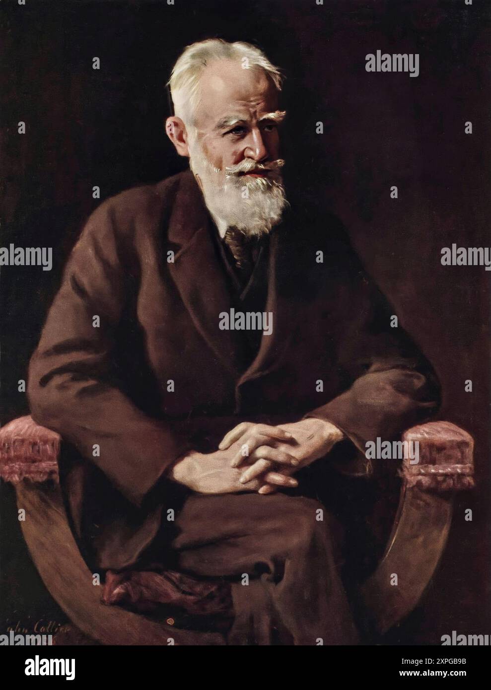 Un ritratto dell'artista inglese, John Collier (1850-1934) di George Bernard Shaw (1856-1950), drammaturgo irlandese nato a Dublino, critico, polemico e attivista politico. La sua influenza sul teatro occidentale, la cultura e la politica si estese dagli anni '1880 alla sua morte e oltre. Scrisse più di sessanta opere teatrali, tra cui opere importanti come Man and Superman (1902), Pygmalion (1913) e Saint Joan (1923). Con una gamma che incorpora sia la satira contemporanea che l'allegoria storica, Shaw divenne il principale drammaturgo della sua generazione e nel 1925 fu insignito del Premio Nobel per la letteratura. Foto Stock