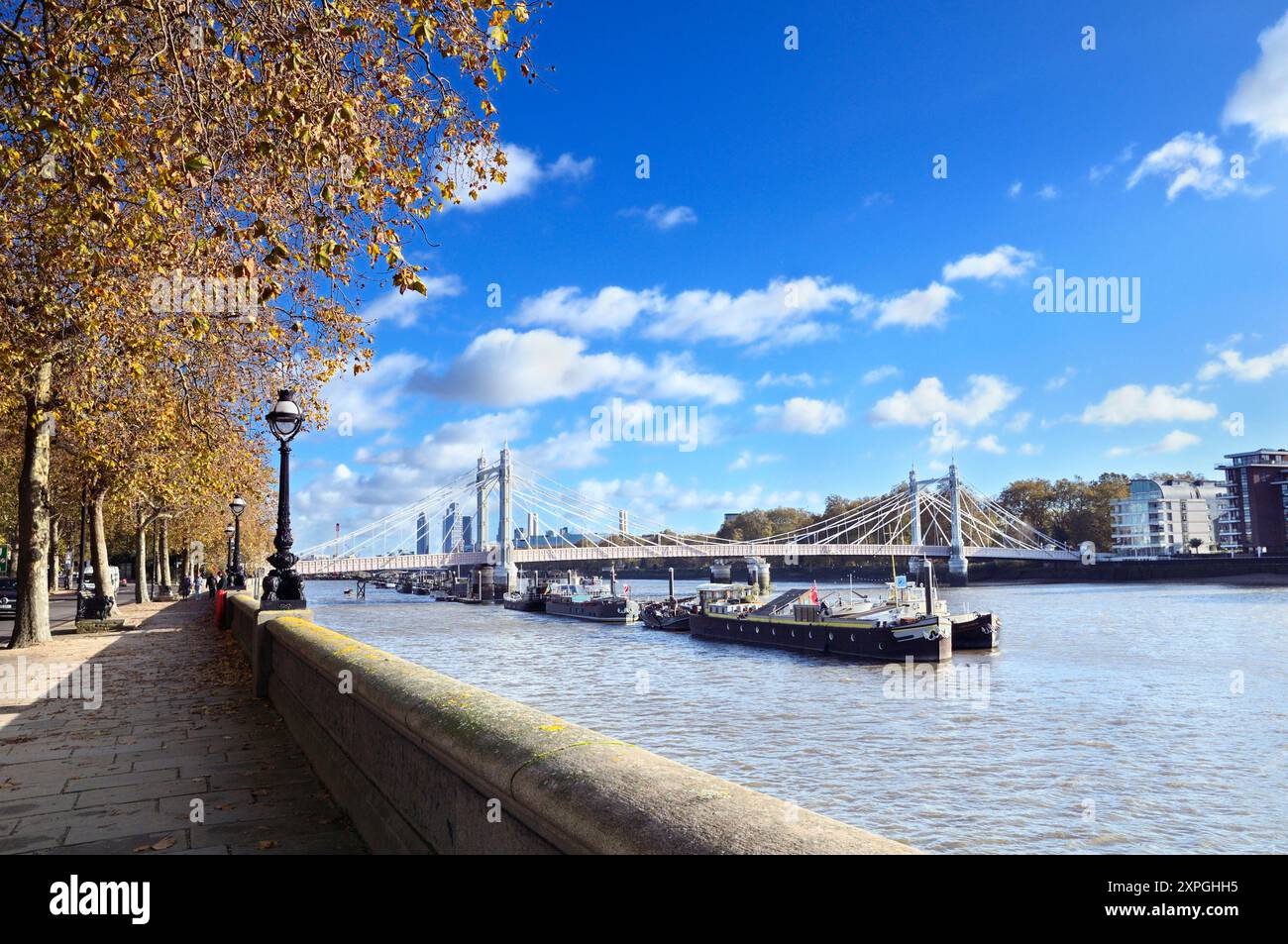 Il famoso Albert Bridge che attraversa il Tamigi collegando Chelsea e Battersea, visto dal Chelsea Embankment in una soleggiata giornata autunnale, Londra, Regno Unito. Foto Stock
