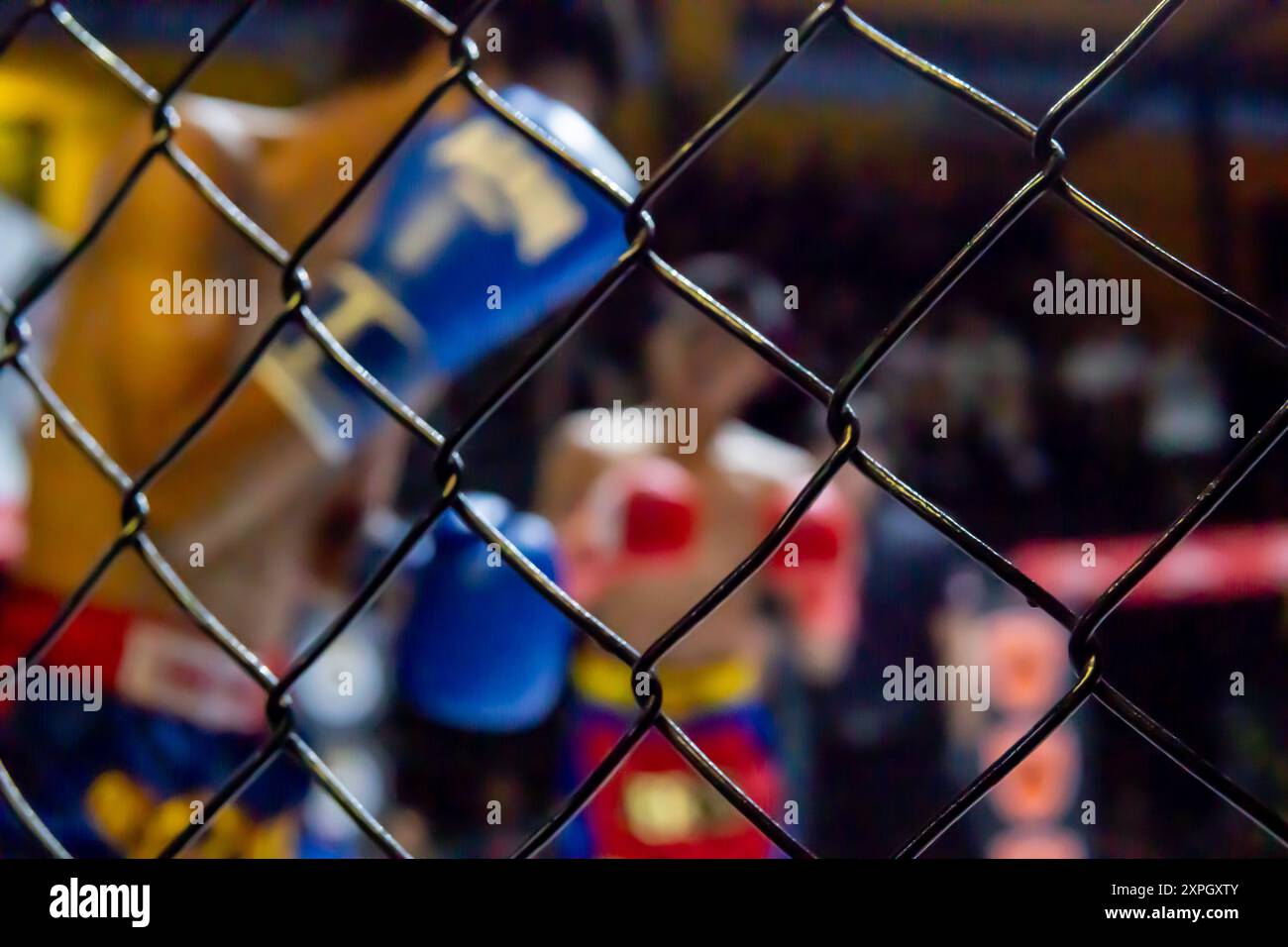 Immagine sfocata di due combattenti Muay Thai in un anello di ottagono. L'attenzione è rivolta alla recinzione a catena, creando un senso di dramma e intensità. Foto Stock