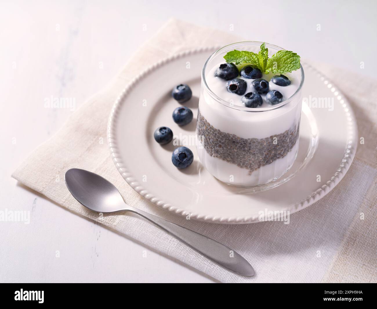 Yogurt al cocco crudo a base vegetale con budino di chia ricoperto di mirtilli e menta; spazio di copia; dieta vegetale Foto Stock