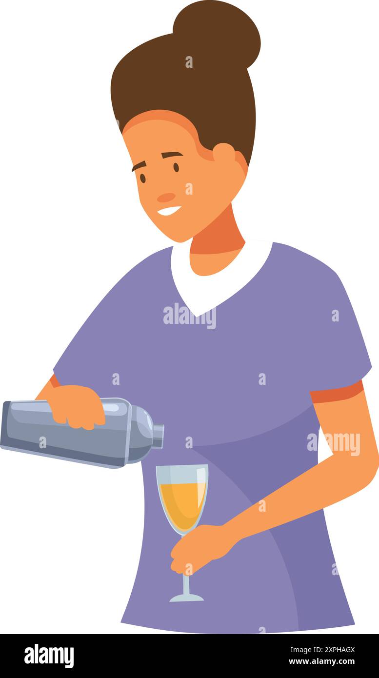 Barman sorridente che prepara bevande alcoliche, versando il cocktail dallo shaker al bicchiere Illustrazione Vettoriale