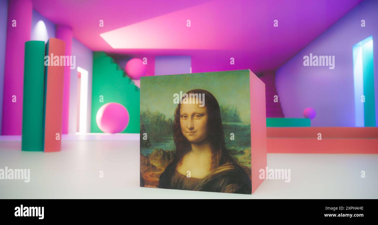Dipinto della Monna Lisa stampato su un cubo e riposato in uno studio colorato, astratto e decorato geometricamente. The Genius of Classical Art Mixed with Modern 3D Environment Set. Foto Stock