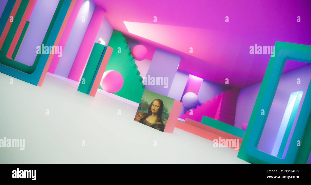 Dipinto della Monna Lisa stampato su un cubo e riposato in uno studio colorato, astratto e decorato geometricamente. Il genio dell'arte classica Unito a un ambiente 3D moderno Foto Stock