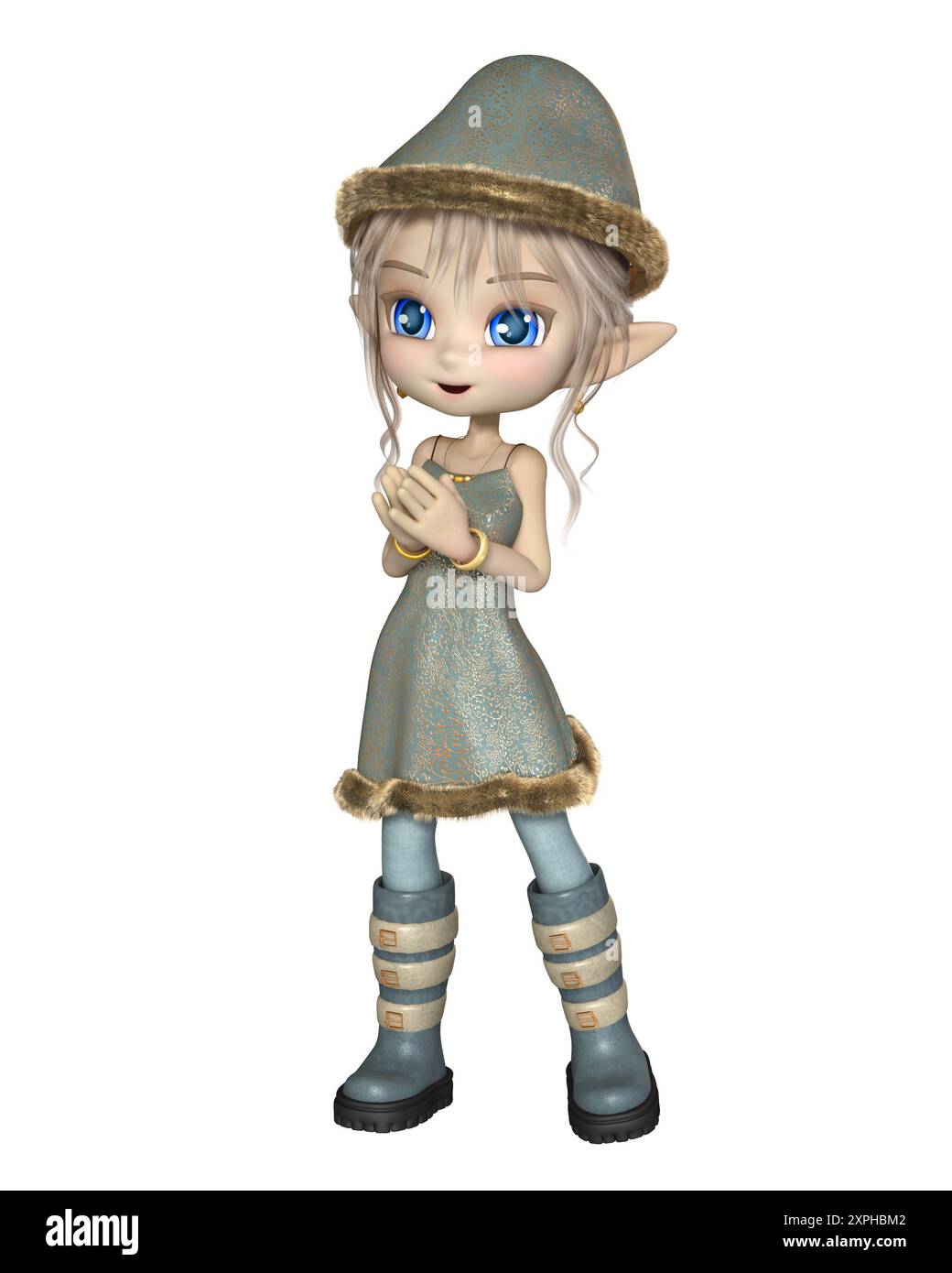 Carino Toon Christmas Elf Girl in abito e cappello blu Foto Stock