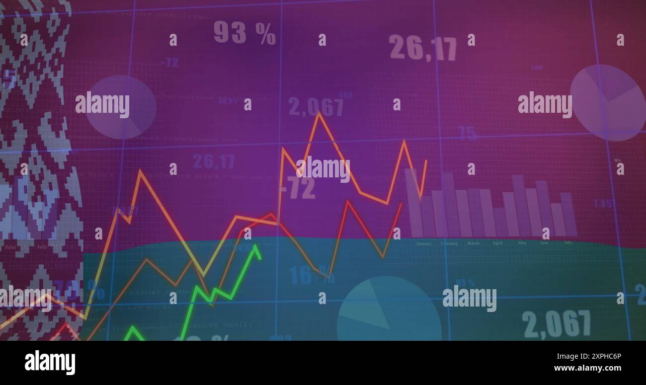Grafici e grafici di dati finanziari sopra la bandiera della bielorussia Foto Stock