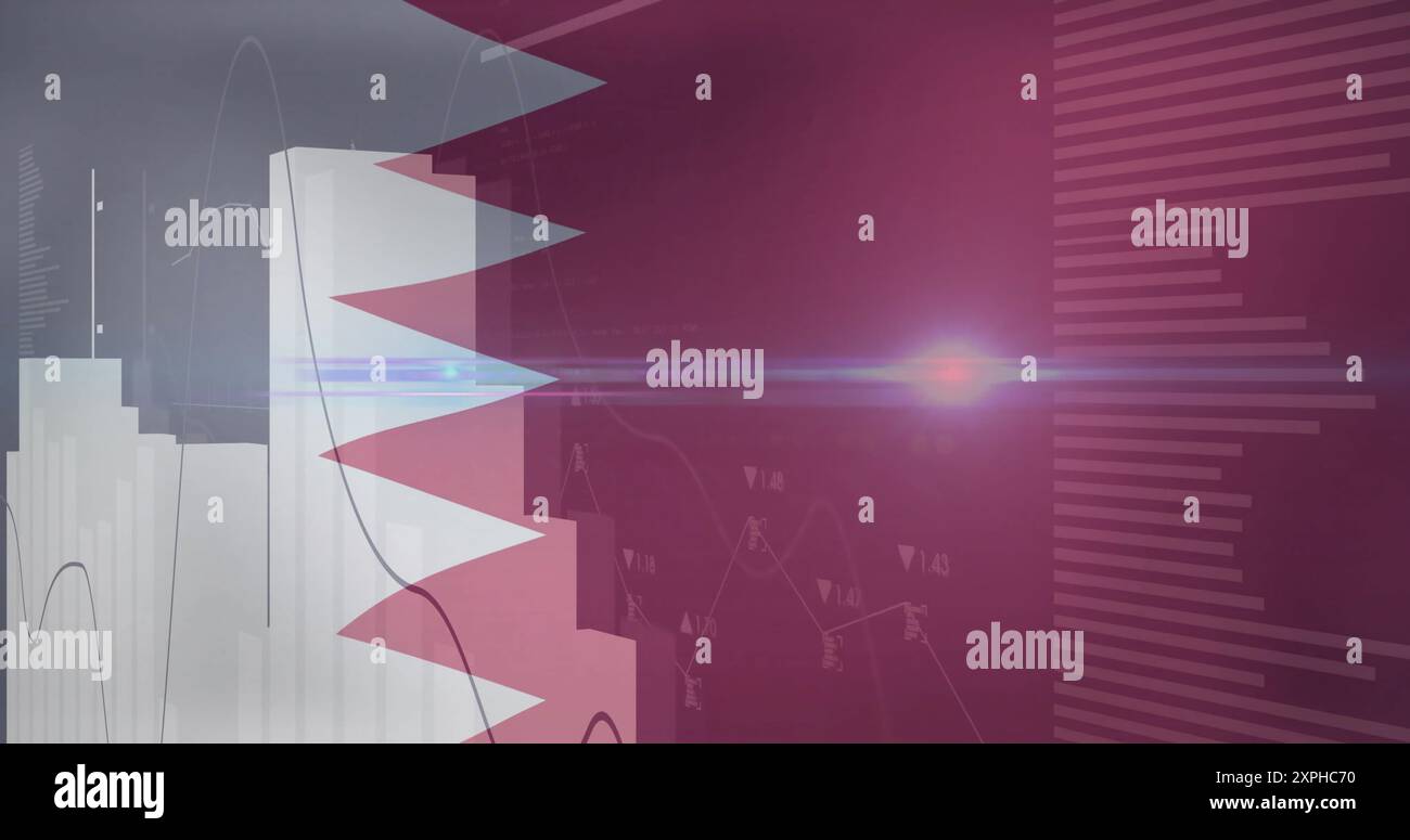 Elaborazione dei dati finanziari immagine su grafici e bandiera del qatar Foto Stock