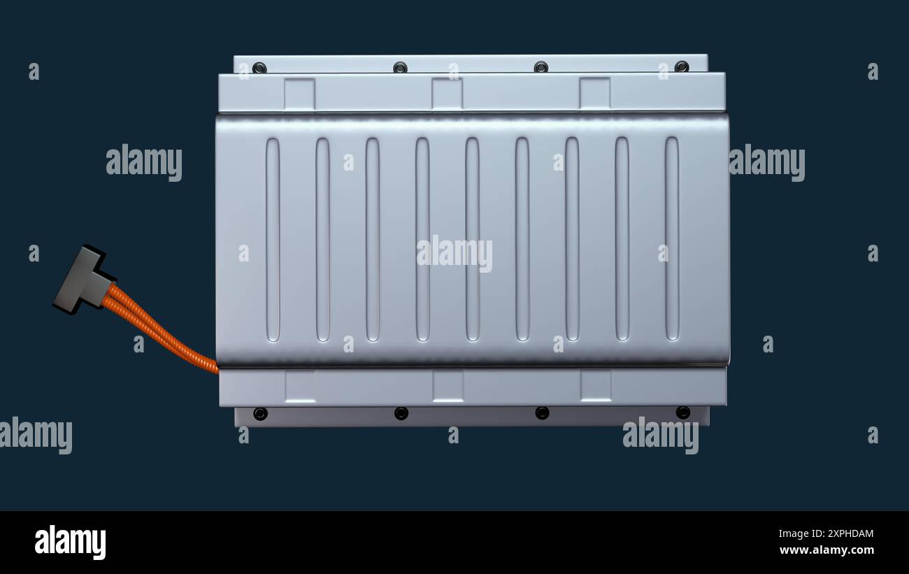 Primo piano di una batteria di trazione per auto elettriche su uno sfondo neutro Foto Stock