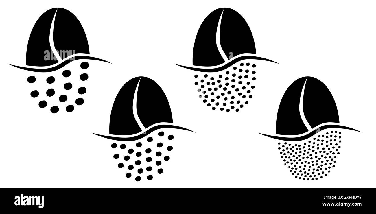 Pittogramma dei chicchi di caffè tostati con cartoni animati. Macinatura in chicchi di caffè, tabella delle dimensioni grani. Per tazza o tazza. Per il caffè. Avanzamento approssimativo, medio o fine Illustrazione Vettoriale