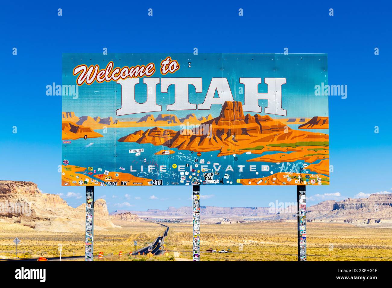 Benvenuto nello Utah, insegna sulla linea di confine tra Arizona e Utah, Stati Uniti Foto Stock