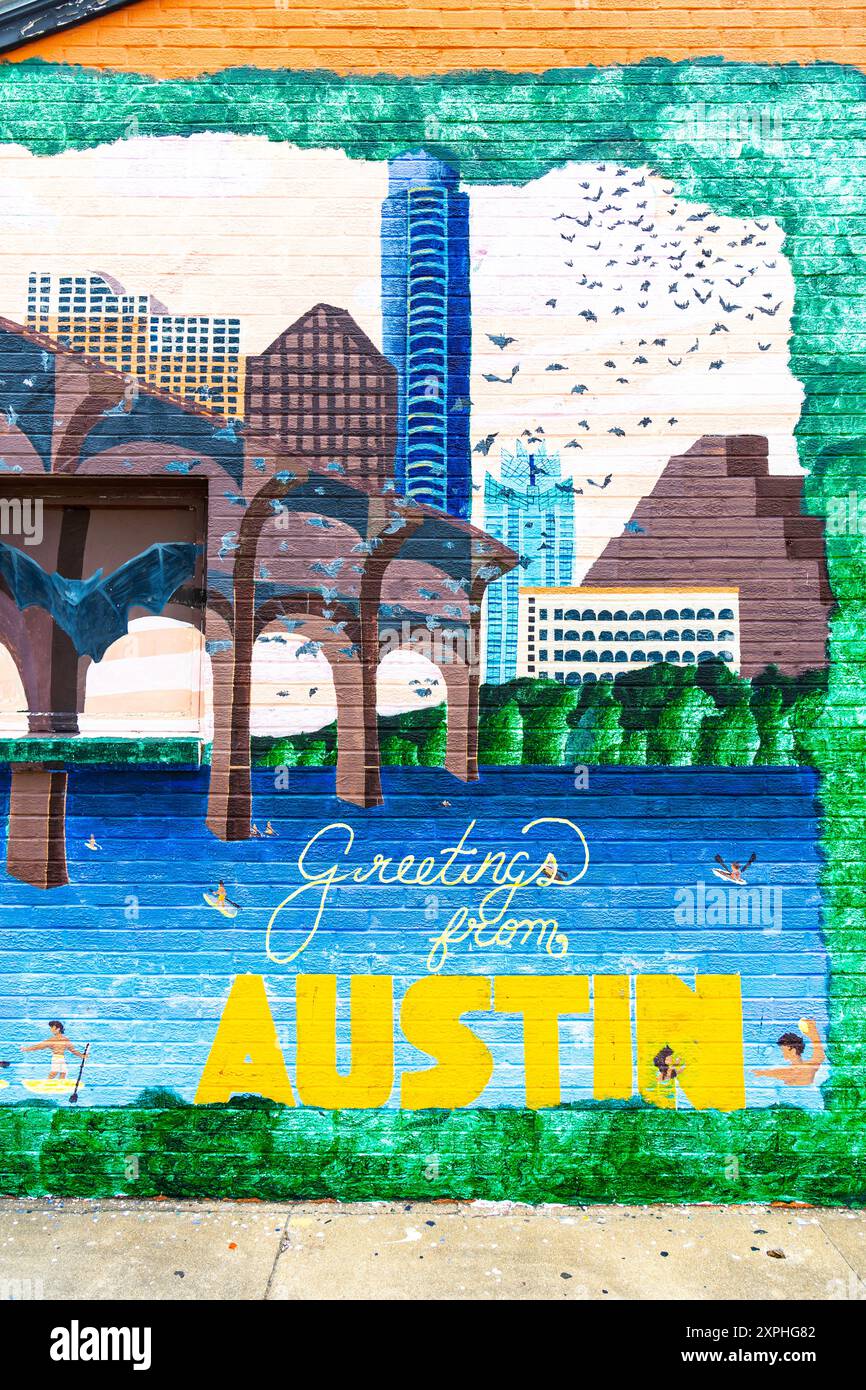 Saluti dal murale di Austin in Lavaca Street, Austin, Texas, USA Foto Stock