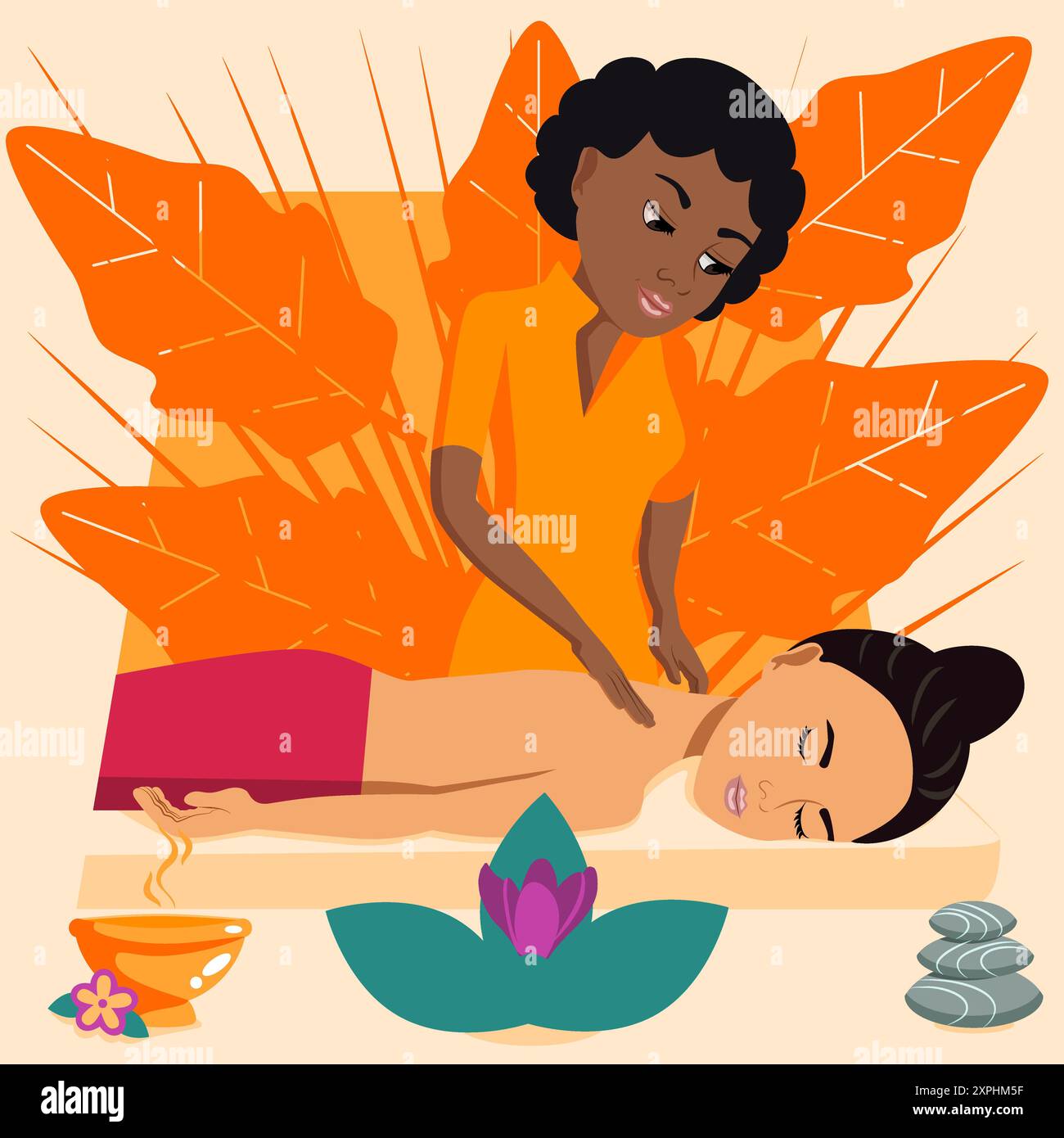 Massaggio svedese con massaggiatore professionista nella spa. Etnia africana e mediorientale. Illustrazione del vettore piatto isolato. Illustrazione Vettoriale