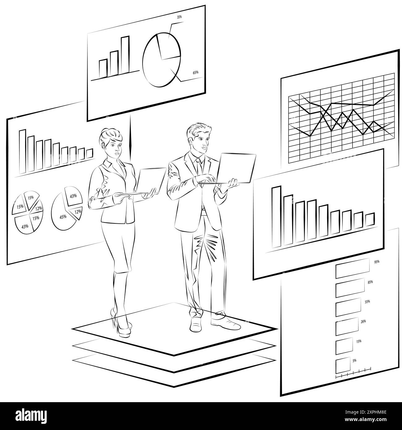 Uomo e donna che ricercano informazioni da rapporti e sondaggi. Concetto di business. Schizzo. Illustrazione vettoriale. Illustrazione Vettoriale