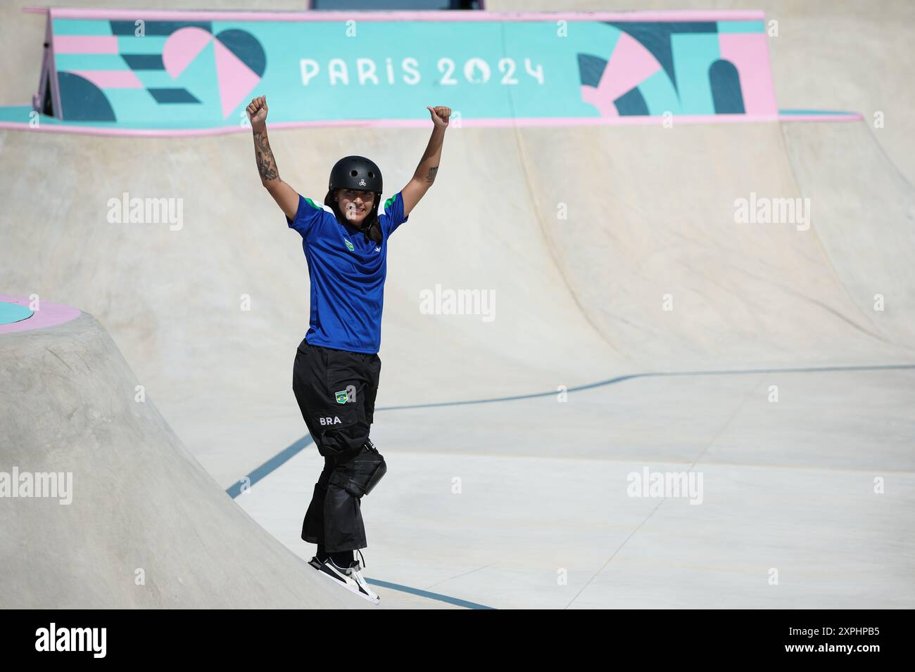 PARIGI, FRANCIA. 6 agosto 2024. Isadora Pacheco del Team Brazil reagisce dopo la sua corsa durante i prelim del Women's Park l'undicesimo giorno dei Giochi Olimpici di Parigi 2024 a Place de la Concorde Parigi, Francia. Crediti: Craig Mercer/Alamy Live News Foto Stock