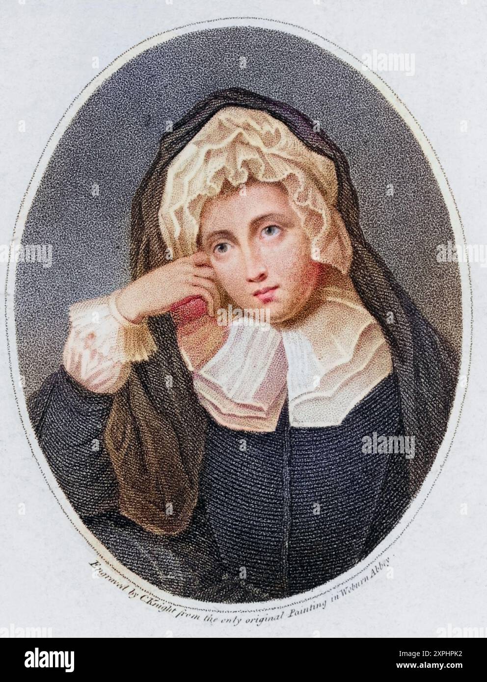 Rachel, Lady Russell (1636-1723), geborene Rachel Wriothesley, Ehefrau von William, Lord Russell „dem Patrioten“, englischer Whig-Staatsmann. Fungierte als „Schreiberin“ ihres Mannes während Seines Prozesses wegen Mittäterschaft am Rye House Plot 1683. Russell wurde des Hochverrats für schuldig befunden und enthauptet. Punktstich nach einem Porträt in Woburn Abbey., Historisch, digital restaurierte Reproduktion von einer Vorlage aus dem 19. Jahrhundert, data record non dichiarata Foto Stock