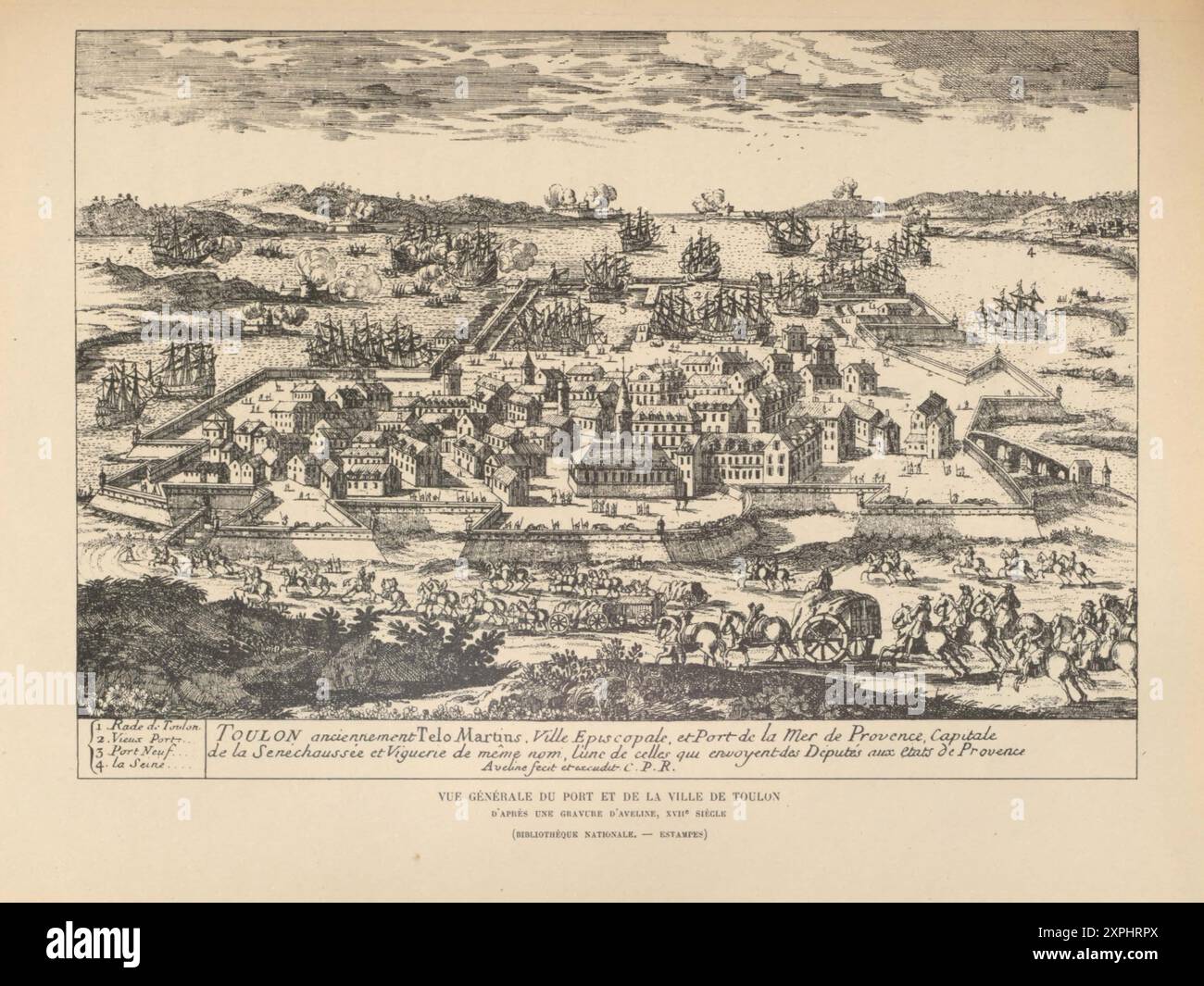 Illustrazione francese d'epoca del XVII secolo. Vista generale della città e del porto di Tolone, Francia Foto Stock