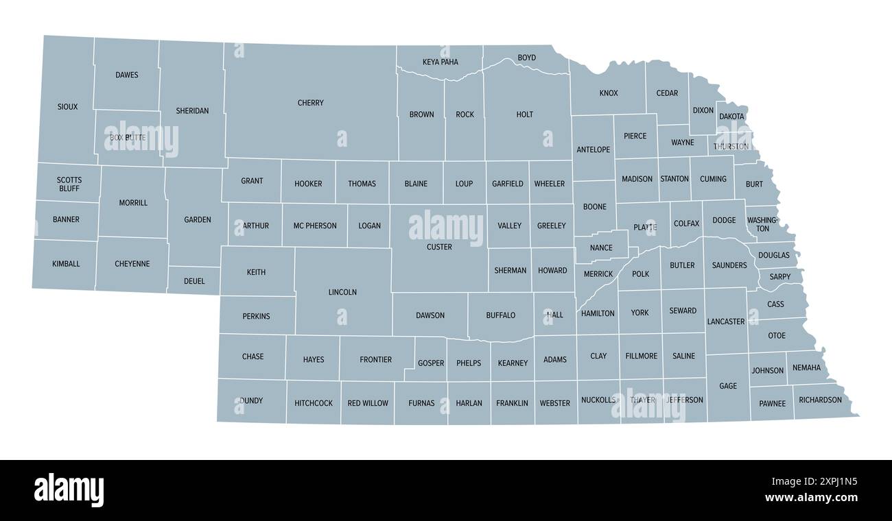 Nebraska, stato degli Stati Uniti, suddiviso in 93 contee, mappa politica grigia con confini e nomi di contea. Triplicare lo stato senza sbocco sul mare negli Stati Uniti Midwest. Foto Stock
