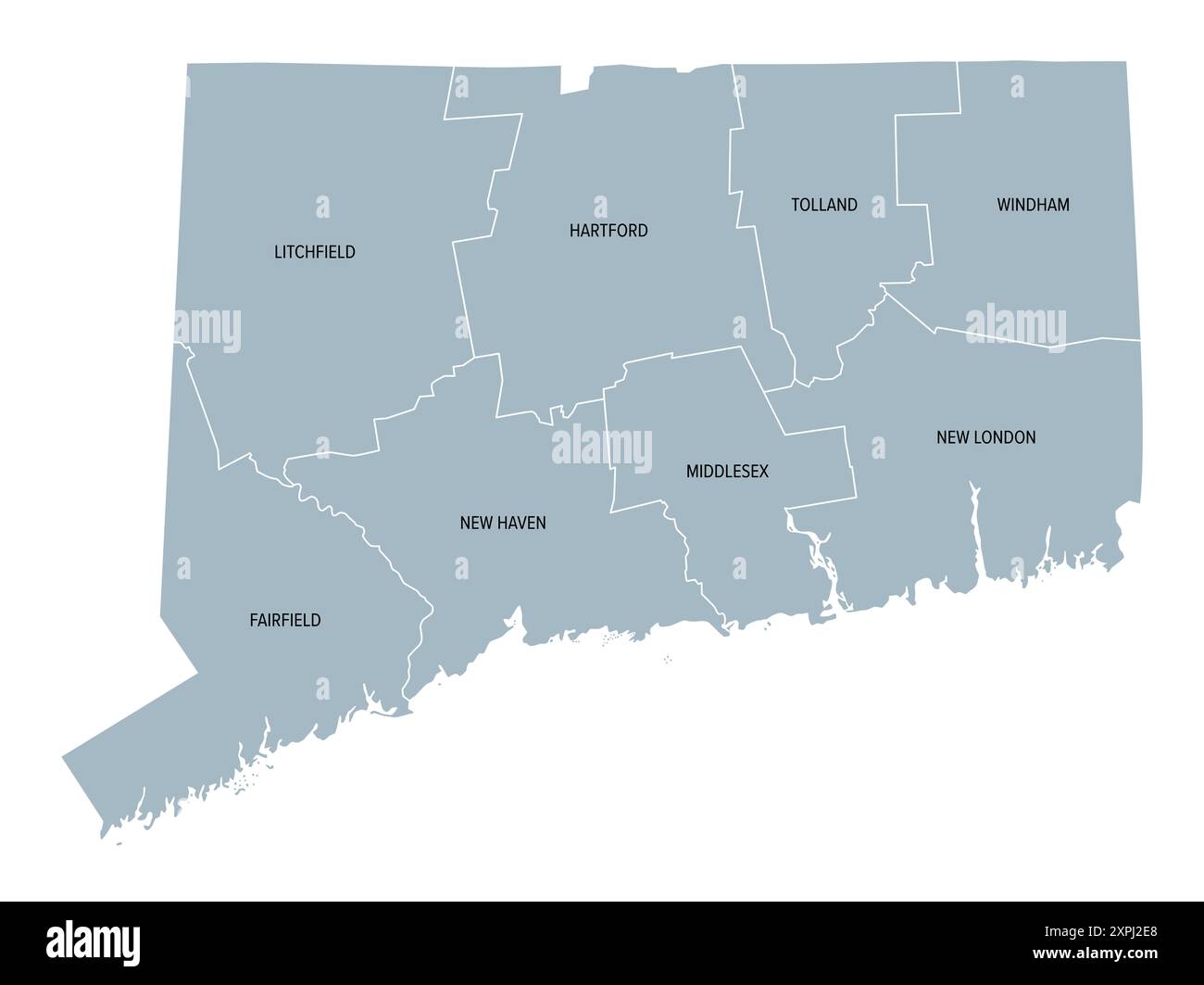 Connecticut, stato degli Stati Uniti, suddiviso in 8 contee, mappa politica grigia con confini e nomi di contea. Stato nella regione del New England degli Stati Uniti. Foto Stock