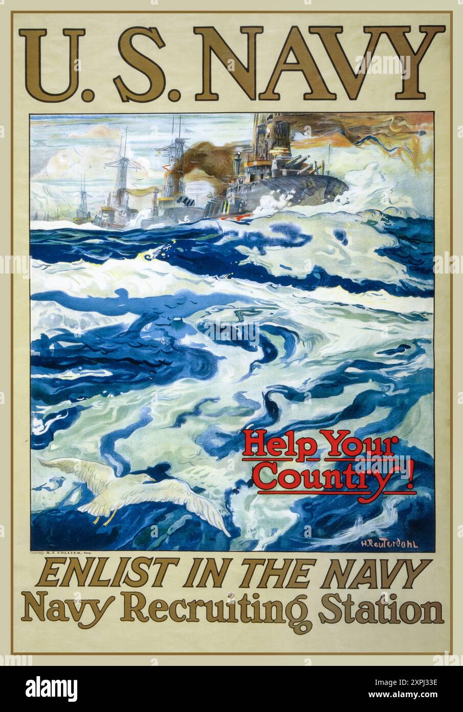 WW1 US NAVY poster di reclutamento della Marina degli Stati Uniti che mostra le navi da battaglia in mare: "U.S. Navy - aiuta il tuo paese! Arruolati nella Marina. (Poster) : litografia, colore ; Data 1917 dell'artista Henry Reuterdahl (1870-1925 Foto Stock