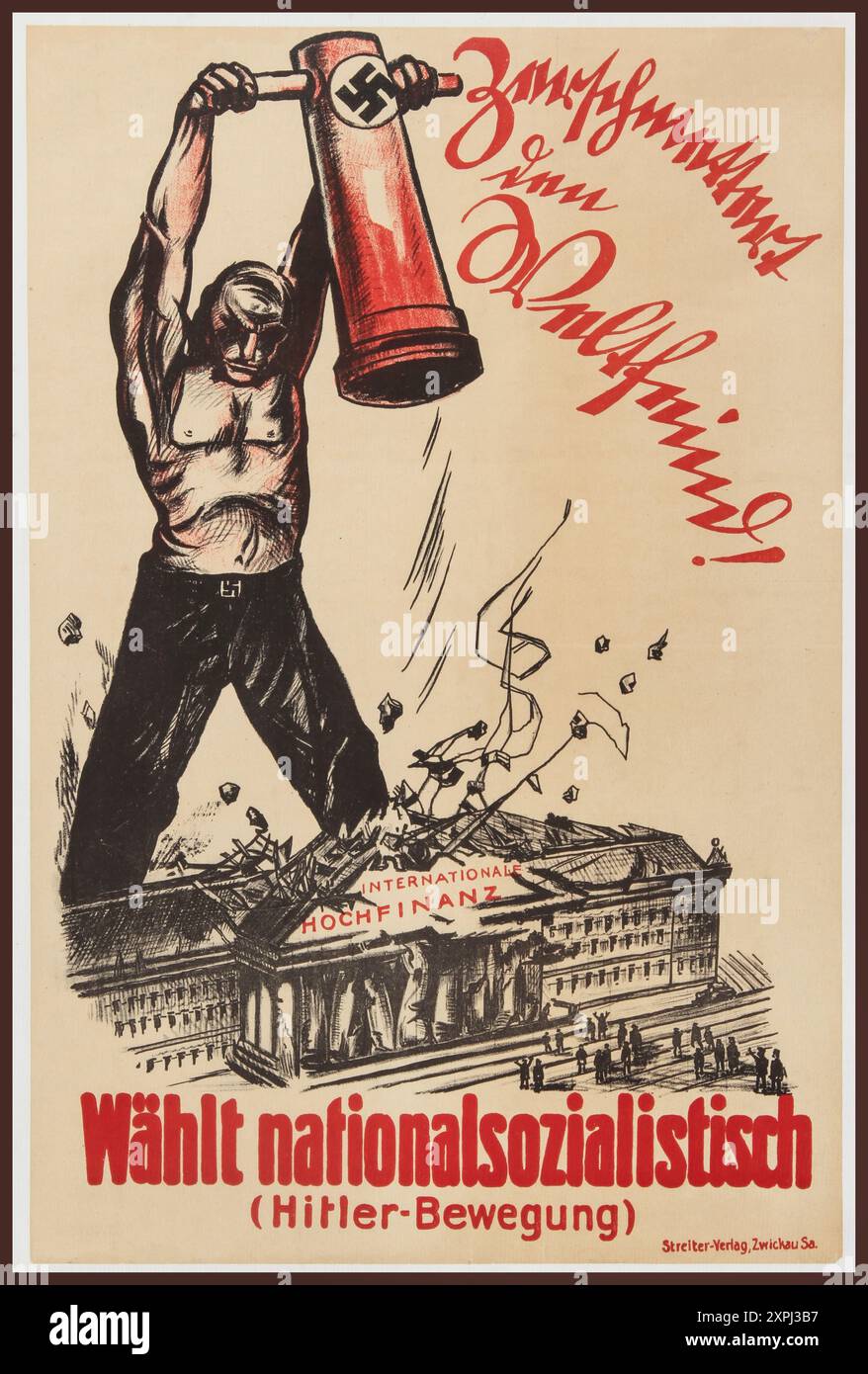 MANIFESTO ELETTORALE del PARTITO NAZISTA 1928 CON Un UOMO CHE DISTRUGGE Un EDIFICIO FINANZIARIO CON Un MARTELLANTE manifesto politico RAM che promuove il partito nazista e Adolf Hitler per le elezioni tedesche in Sassonia il 20 maggio 1928. Il manifesto è dominato dall'immagine di un lavoratore muscoloso che demolisce l'edificio del parlamento sassone, che porta l'etichetta "International High Finance". Sebbene il tema di un lavoratore che distrugge un edificio governativo fosse spesso utilizzato dai gruppi comunisti, i gruppi politici nazisti lo impiegarono anche per ottenere i voti della classe operaia. Foto Stock