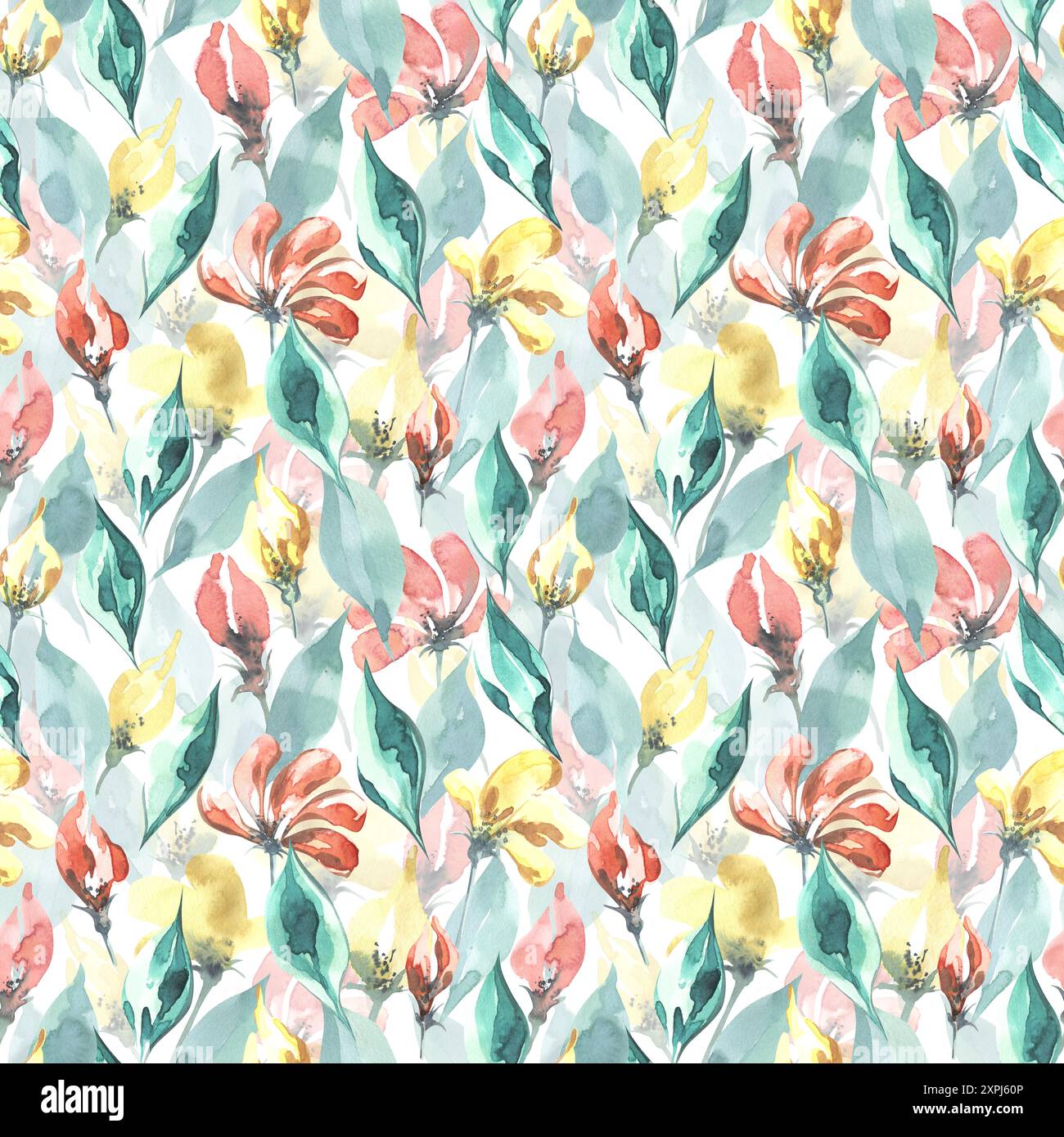 Semplici fiori e foglie nella tecnica alla prima. Nei colori corallo, giallo e turchese. Illustrazione acquerello. Motivo senza cuciture su un bianco Foto Stock