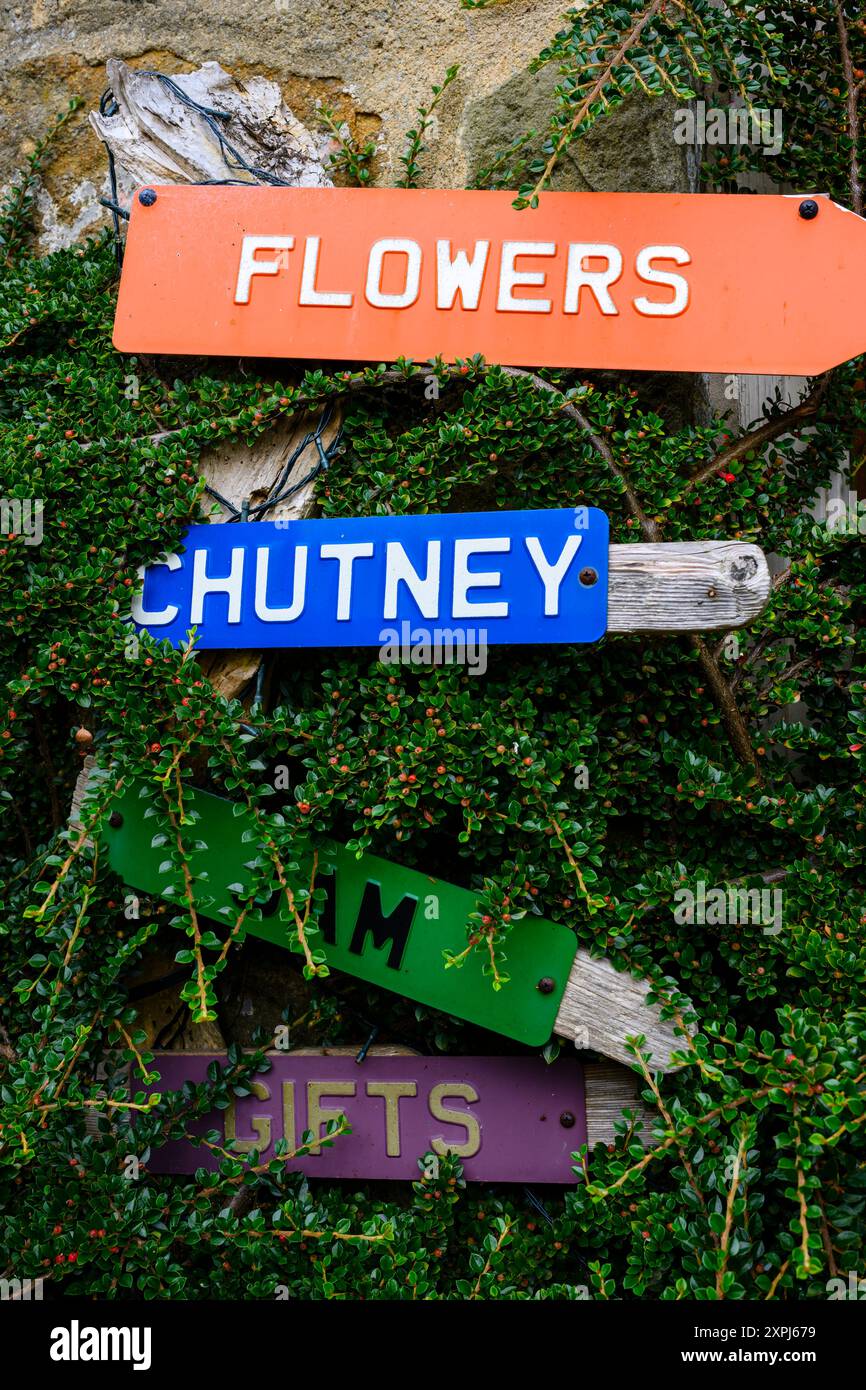 Grassington Yorkshire Regno Unito - 27 luglio 2024. Insegne colorate tra vegetazione lussureggiante che indirizzano a fiori, chutney, marmellata e regali. Foto Stock