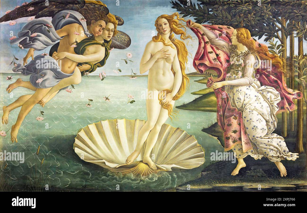 Die Geburt der Venus, Birth of Venus (1485), Gemälde von Sandro Botticelli (1. März 1445 - 1510), einer der bedeutendsten italienischen Maler und Zeichner der frühen Renaissance, Historisch, digital restaurierte Reproduktion von einer Vorlage, record date not stated Foto Stock