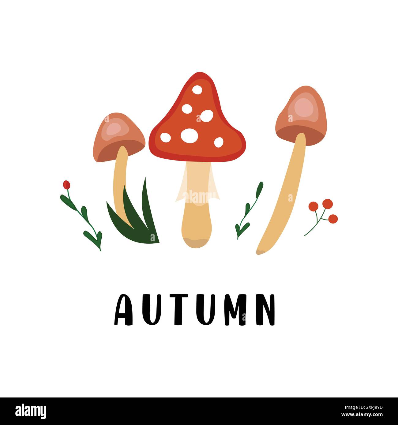 Cartolina con illustrazioni di doodle in stile autunnale con funghi e foglie Illustrazione Vettoriale