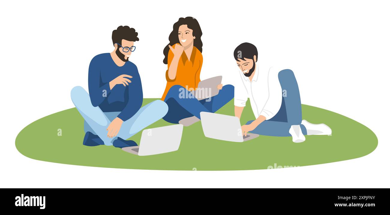 Gli studenti di gruppo sono seduti sull'erba con un portatile. Concetto educativo Illustrazione Vettoriale