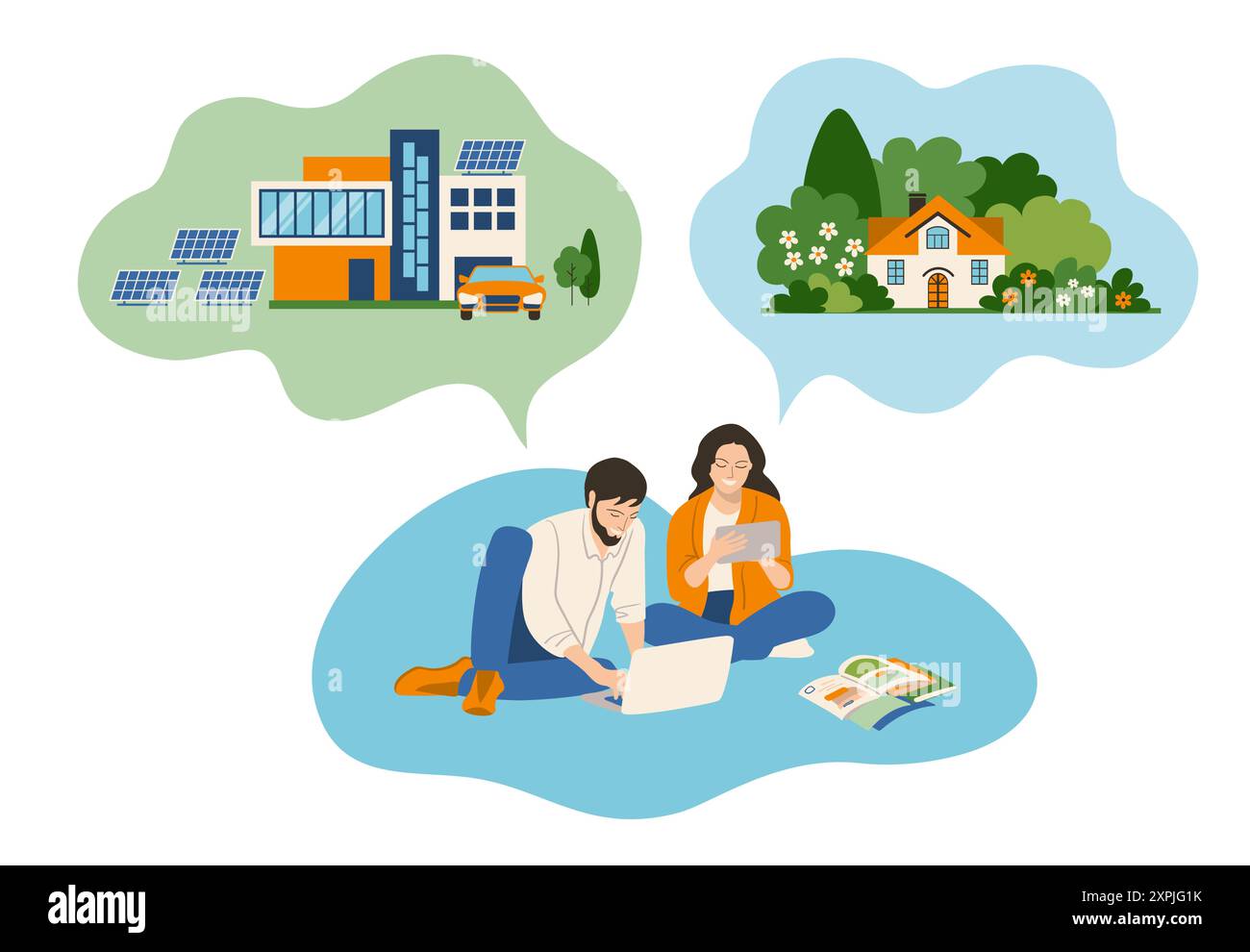 Una giovane coppia sta discutendo delle opzioni per comprare una casa. Scegliere una casa da comprare. Concetto di selezione iniziale Illustrazione Vettoriale
