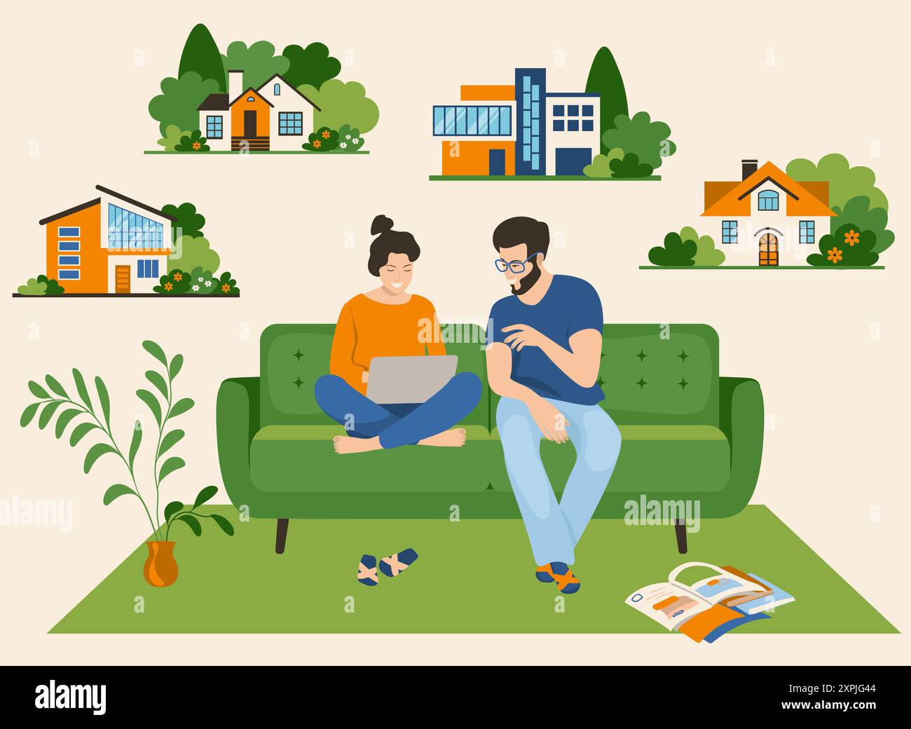 Un uomo e una donna sono seduti sul divano e discutono delle opzioni per comprare una casa. Scegliere un concetto di casa. Illustrazione Vettoriale