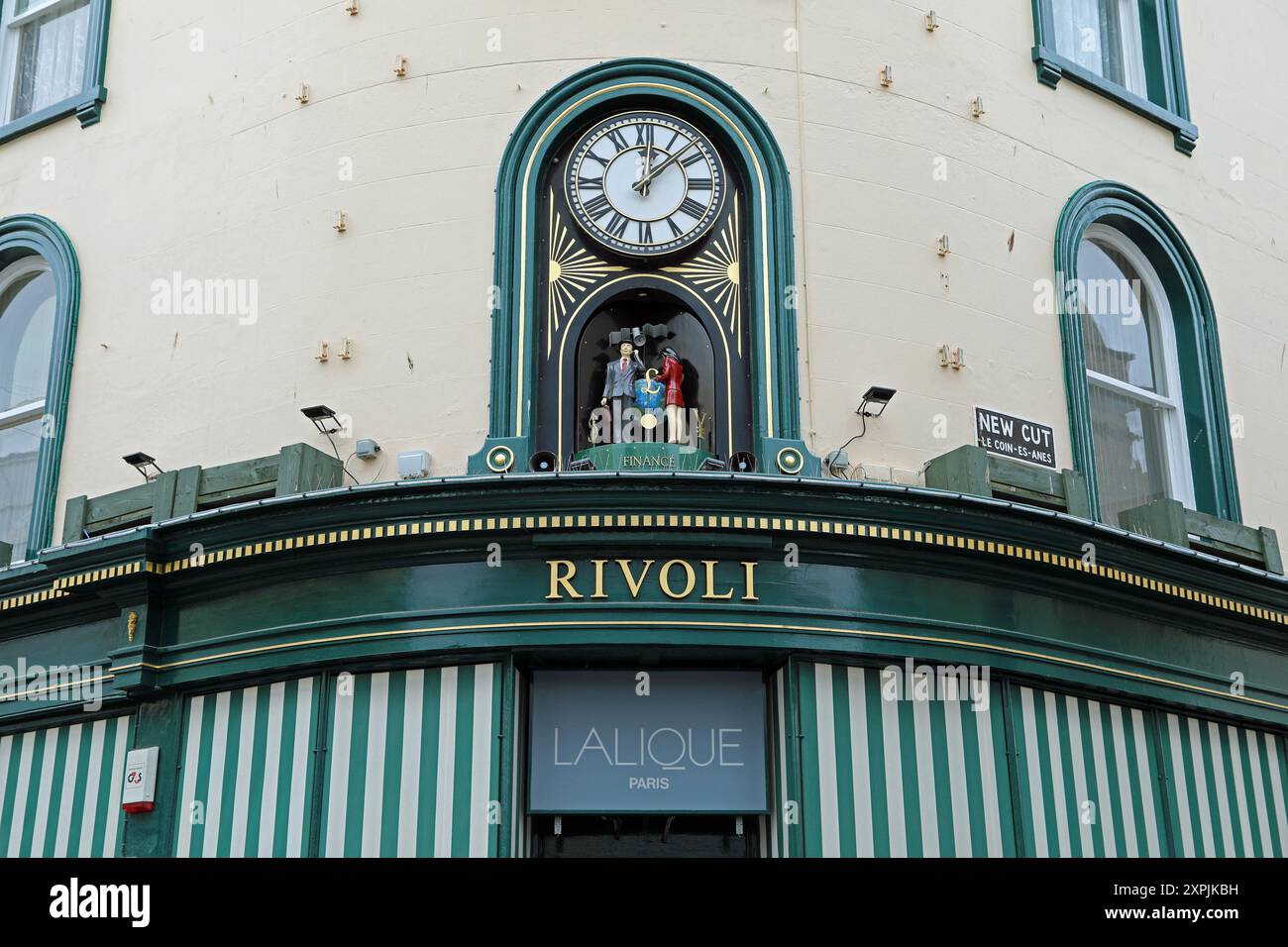 Orologio musicale girevole in stile svizzero Rivoli Jewellers a St Helier Foto Stock