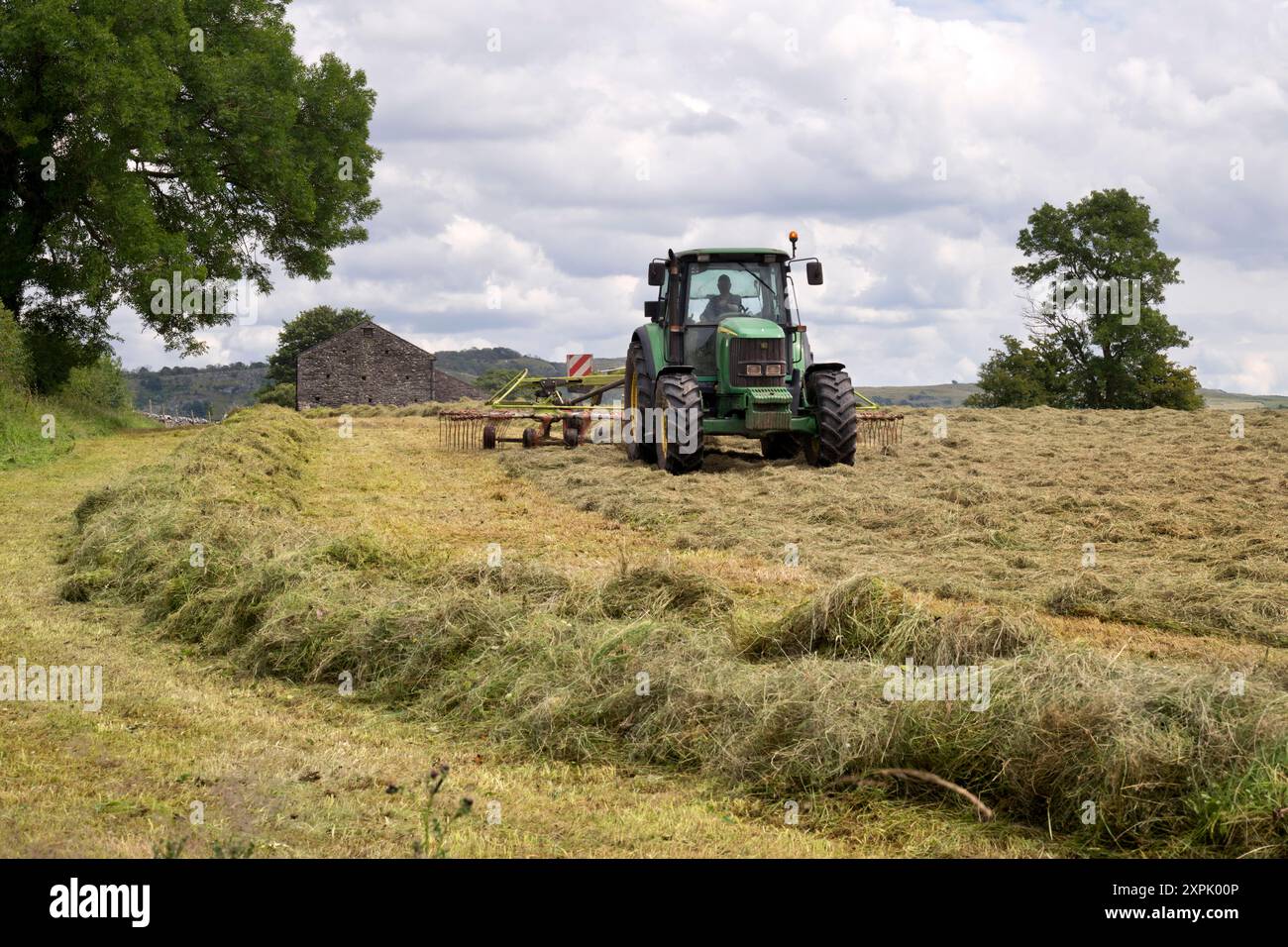 Fienagione nelle valli dello Yorkshire. Trattore che trasforma l'erba tagliata in file, pronto per essere trasformato in balle. Foto Stock