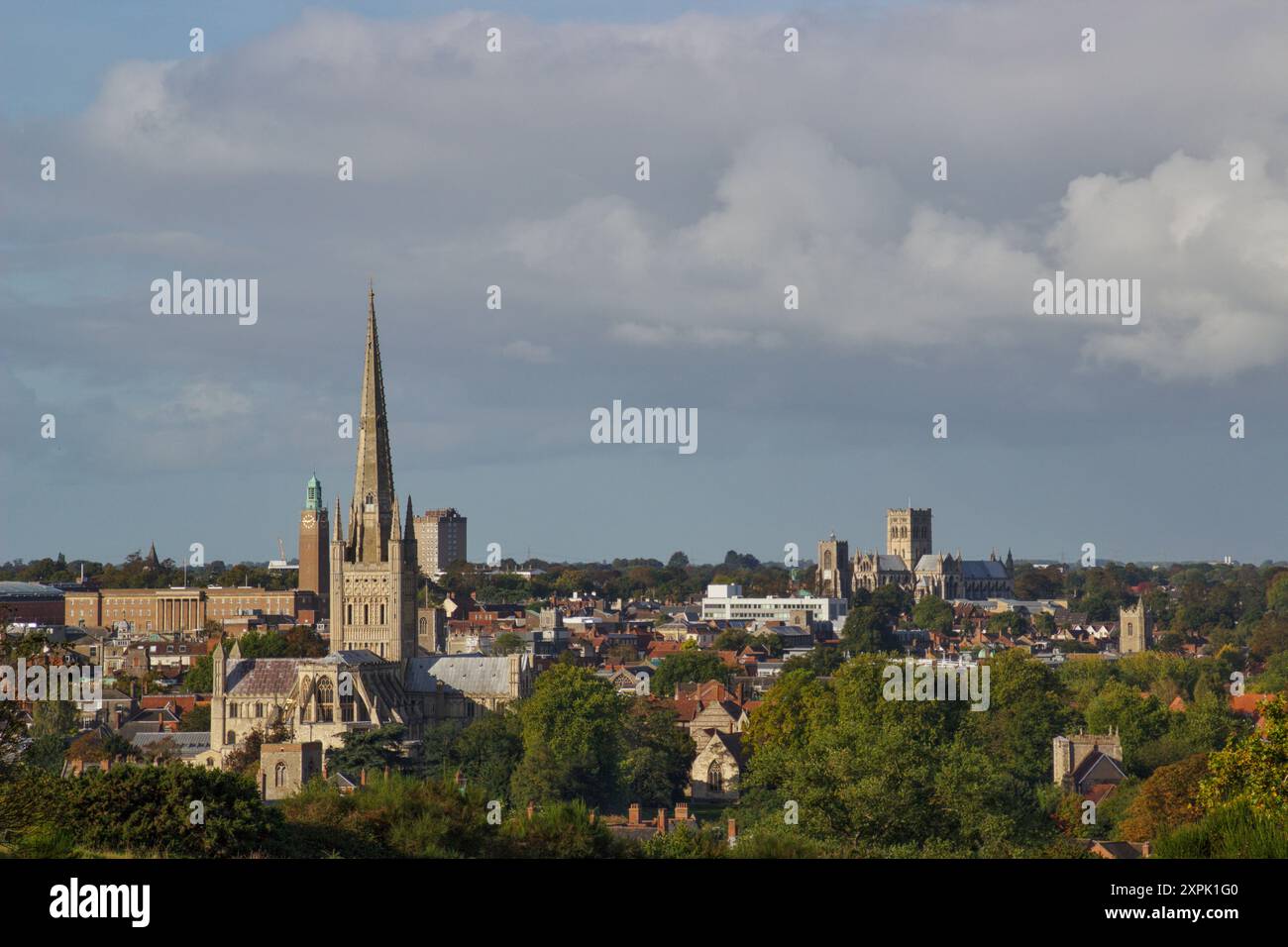 Vista di entrambe le cattedrali di Norwich Foto Stock