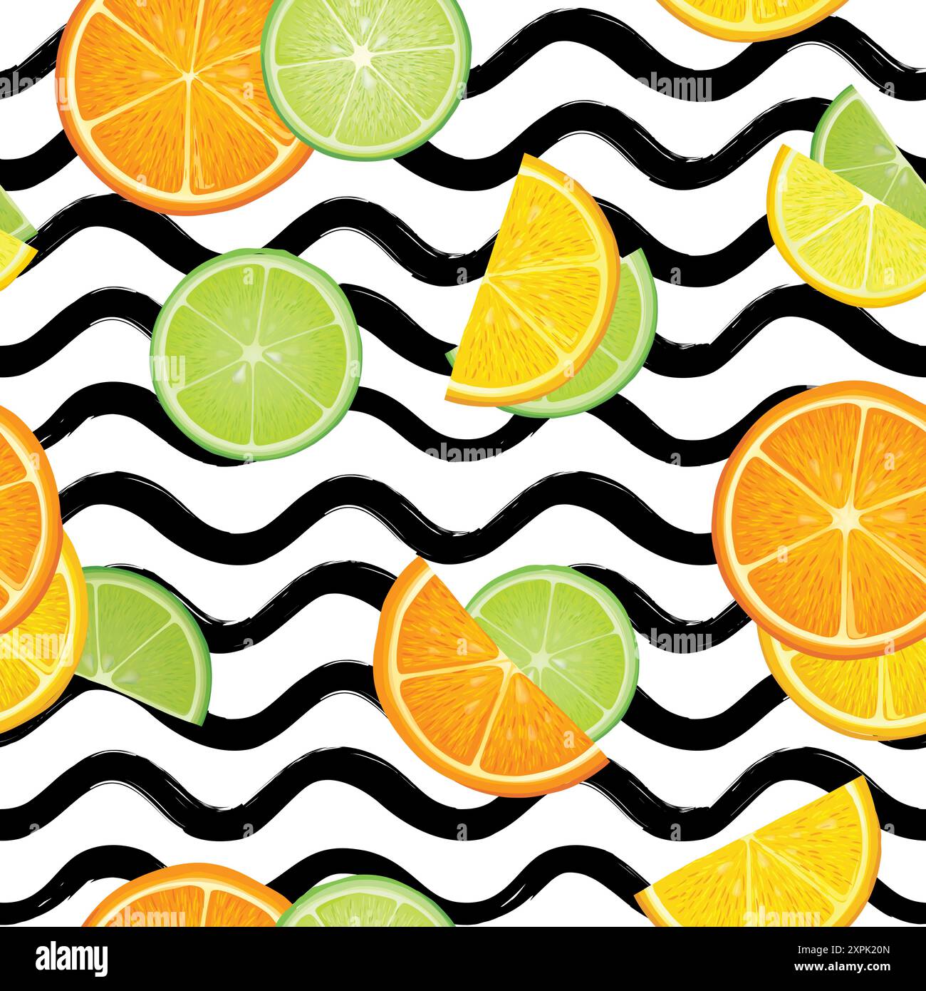 Frutta fresca con motivo marinaio estivo. Arancia fresca, lime a fette. Disegno vettoriale colorato sfondo ondulato con frutta. Illustrazione Vettoriale