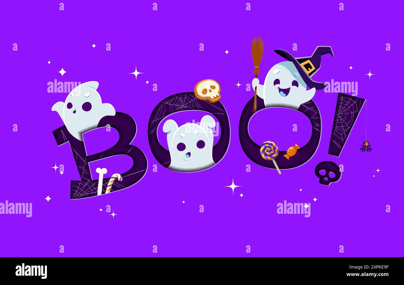 Striscione di boo tagliato in carta di Halloween con personaggi fantasma kawaii e dolci natalizi. Cartoni animati divertenti fantasmi volanti e spiriti personaggi vettoriali con la strega h Illustrazione Vettoriale