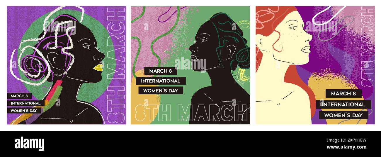 Illustrazione del set di carte vettoriali della giornata internazionale delle donne 8 marzo. Raccolta di poster per l'equità e la parità di genere. Abctract art silhouette donna colle Illustrazione Vettoriale