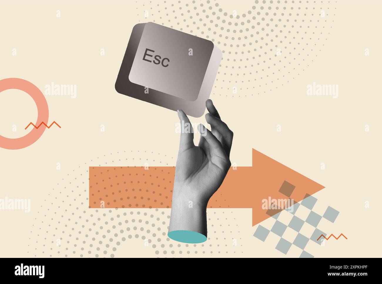 La mano umana tiene la chiave di fuga nell'illustrazione del vettore di supporti misti collage degli anni '80. Concetto di partenza, fuga o fuga Illustrazione Vettoriale