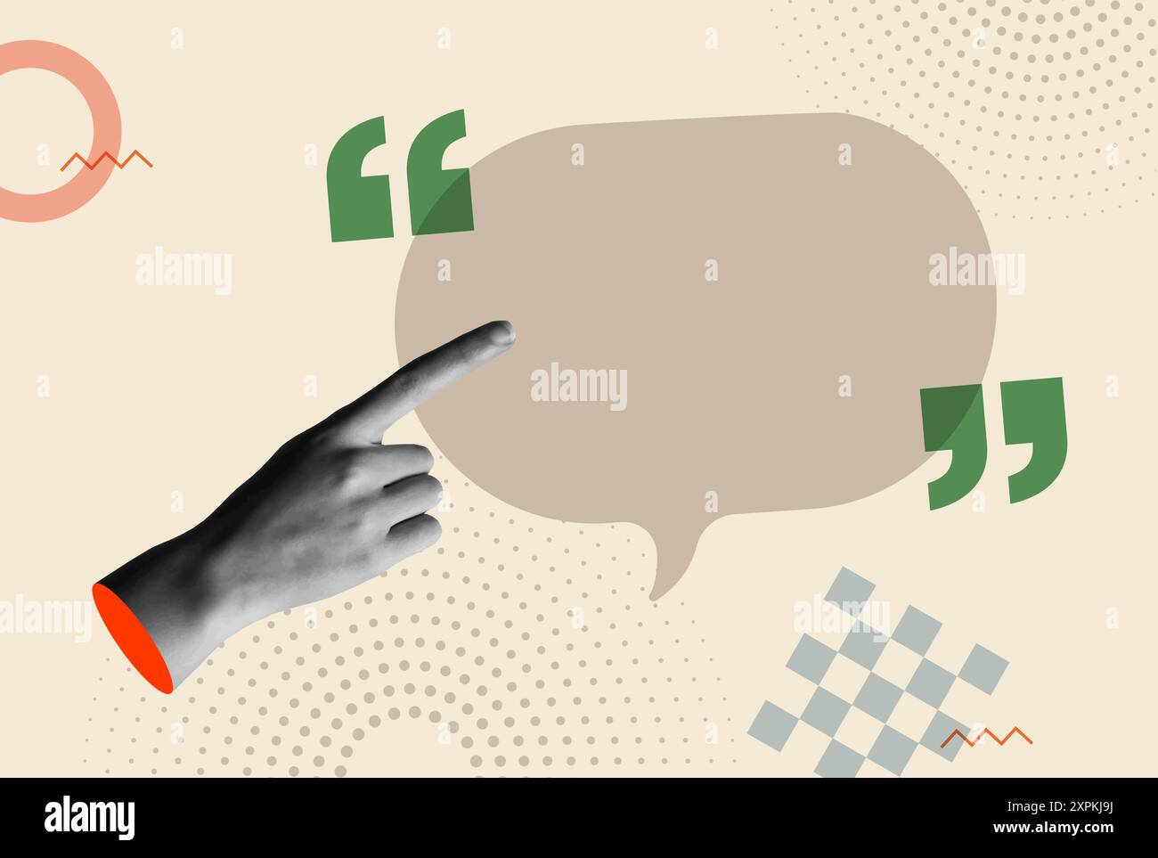 Bolla vocale con spazio vuoto per aggiungere conversazione e mano umana che punta il palloncino nell'illustrazione del vettore collage retrò degli anni '80. Ideale per slogan, truffa Illustrazione Vettoriale