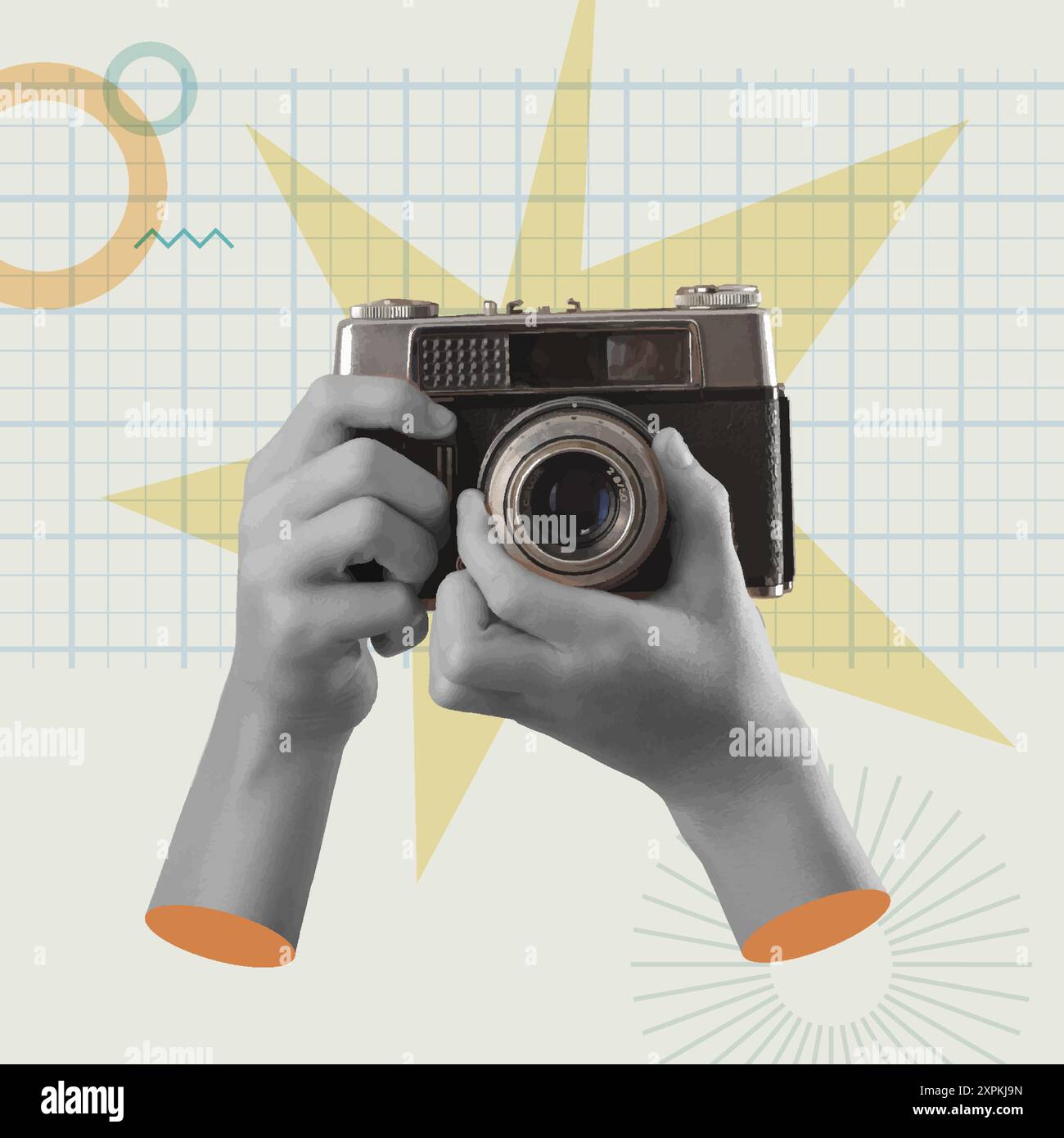 Mano umana che scatta una fotocamera analogica in un collage di mezzitoni illustrazione vettoriale di supporti misti. Pellicola da 35 mm per fotocamera vintage e pellicola per diapositive. Concetto per il retro Illustrazione Vettoriale