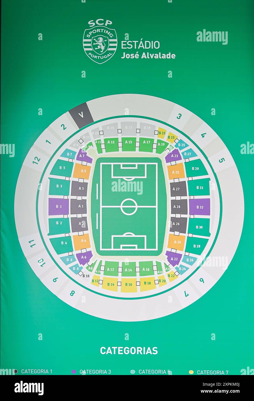 Mappa dettagliata dei posti a sedere dell'estadio jose alvalade, sede dello sport clube de portugal, con aree classificate Foto Stock