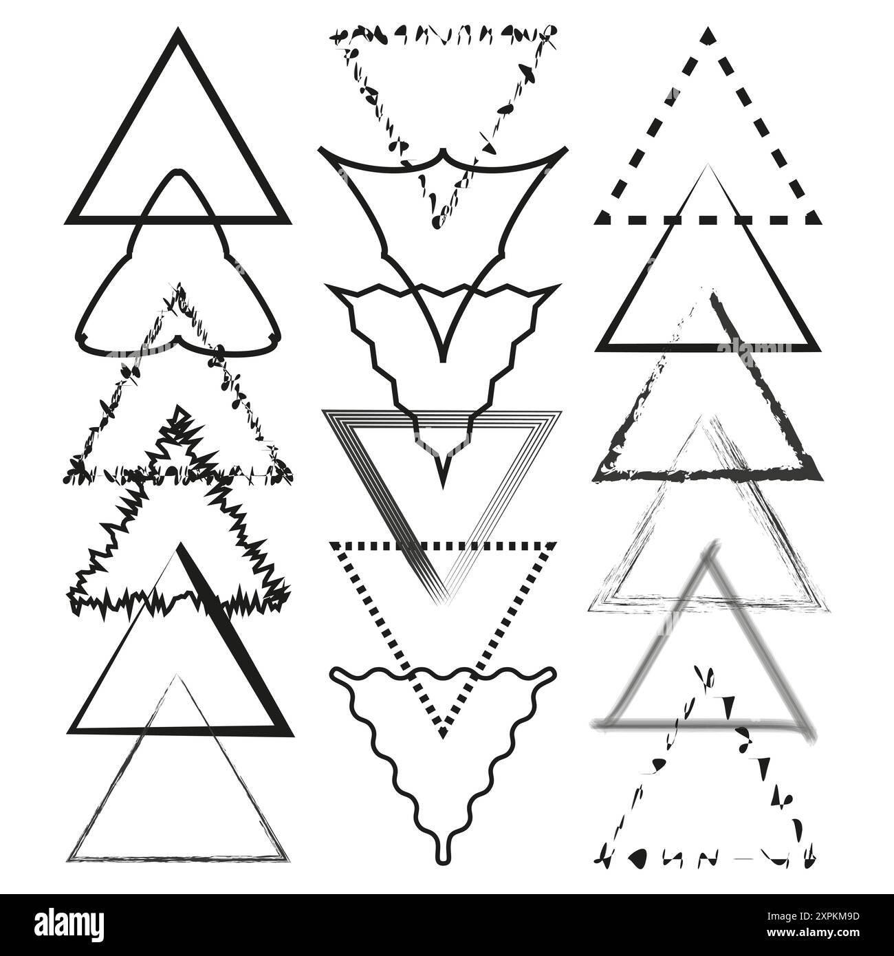 Disegni a triangolo astratti. Vari stili di linea. Bianco e nero. Arte geometrica. Illustrazione vettoriale. Illustrazione Vettoriale