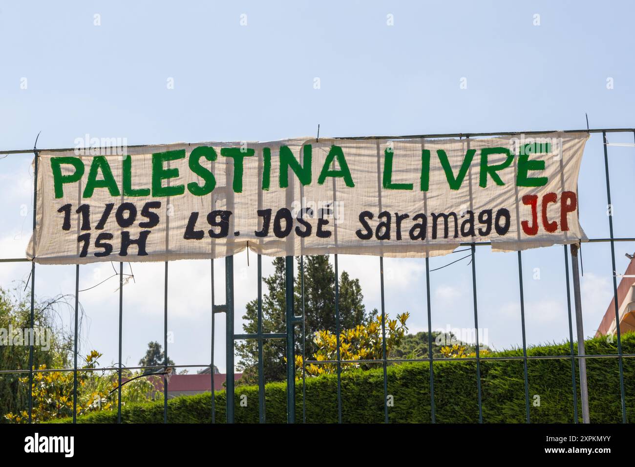 Firma con lettere verdi che dicono Palestina Libre Foto Stock