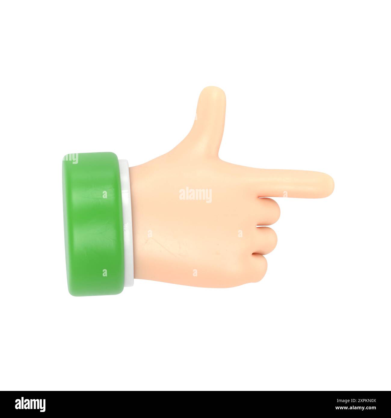 Icona movimento cartoni animati Mockup. Il personaggio dei cartoni animati punta la mano con gesto. Rendering 3D su sfondo bianco. Foto Stock