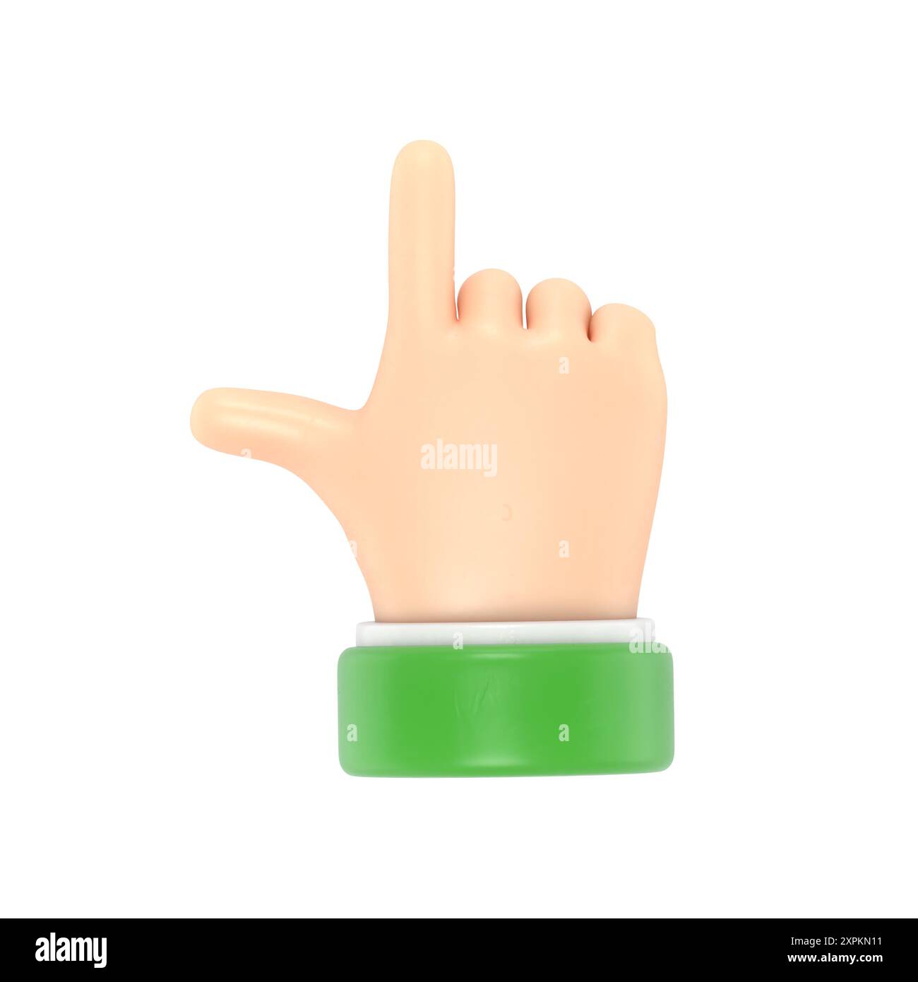 Icona movimento cartoni animati Mockup. Il personaggio dei cartoni animati punta la mano con gesto. Rendering 3D su sfondo bianco. Foto Stock