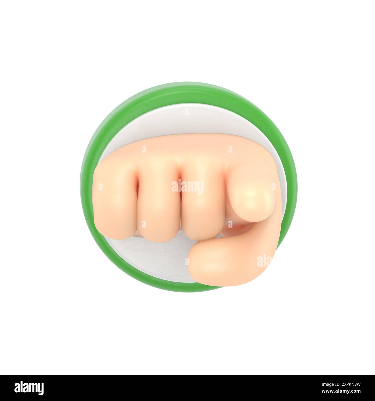 Icona movimento cartoni animati Mockup. Primo piano del puntamento della mano umana, rendering 3D su sfondo bianco. Foto Stock