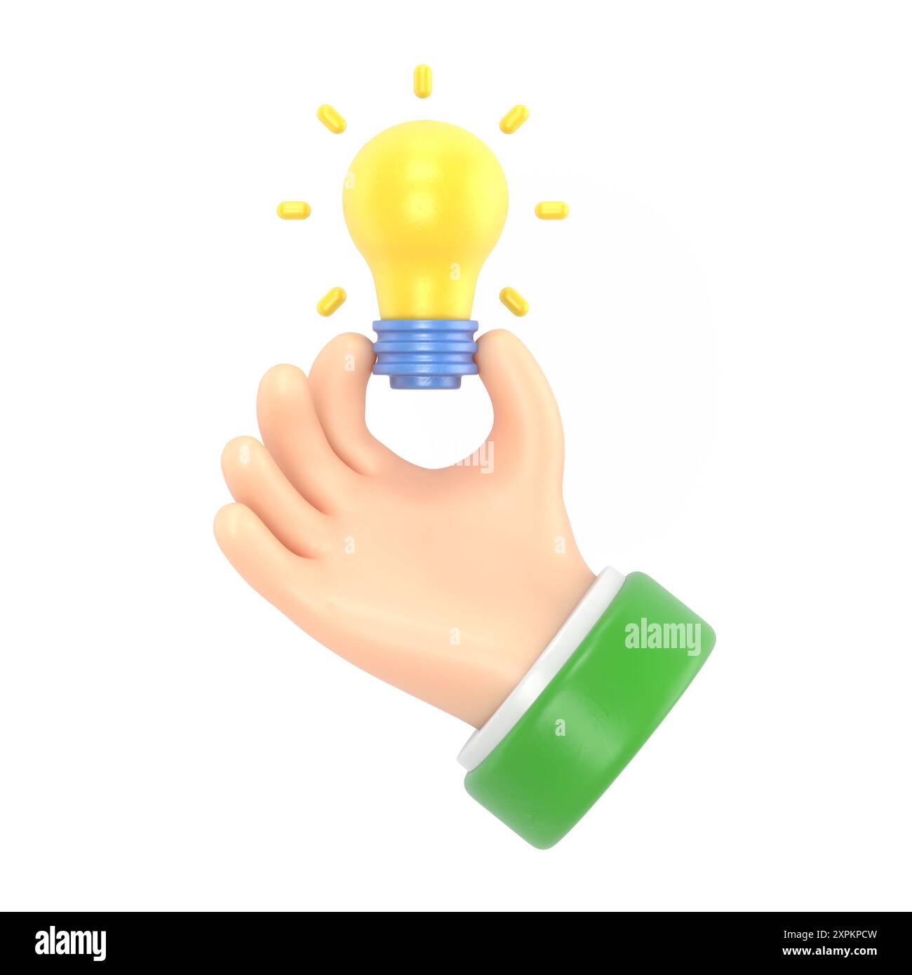 Icona dei gesti dei cartoni animati icona Mockup.3d mano che tiene la lampadina gesto. Idea di grande idea del cartone animato, rendering 3D su sfondo bianco. Foto Stock