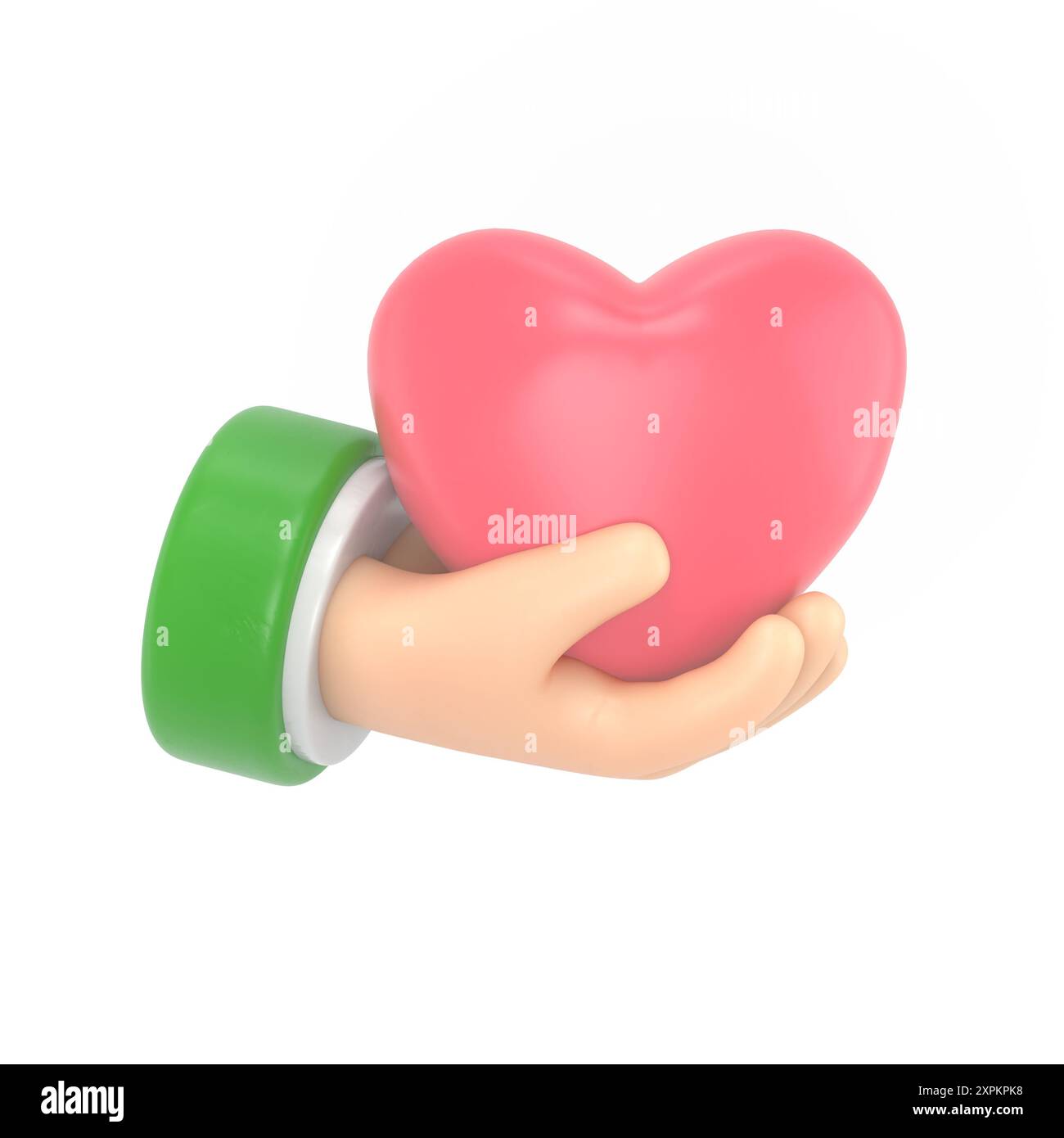 Icona dei gesti dei cartoni animati Mockup.icona 3d cuore rosso in mano.illustrazione realistica di donazioni, amore o beneficenza per i social media, rendering 3D su sfondo bianco Foto Stock