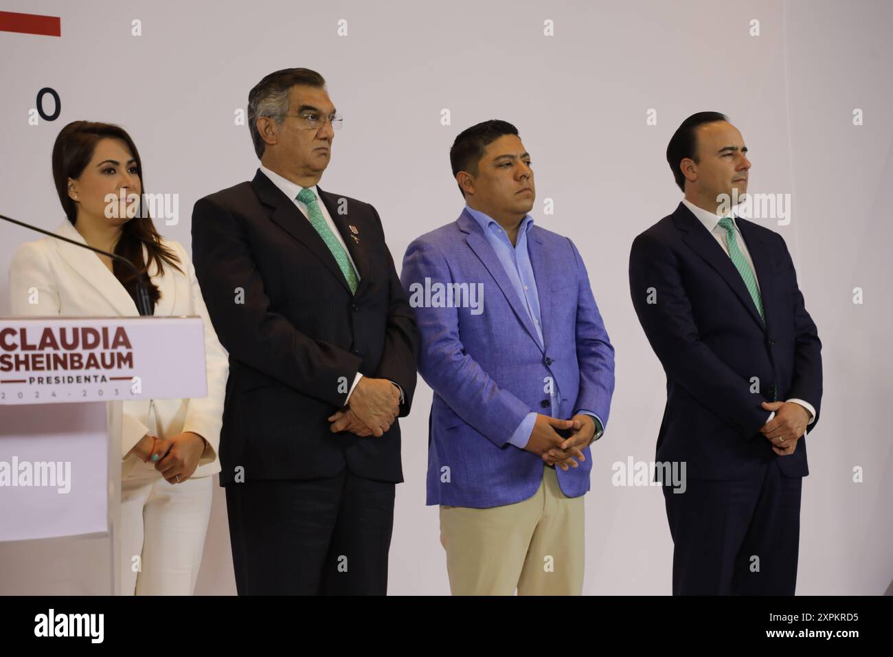 Città del Messico, Messico. 6 agosto 2024. Governatori Tere Jimenez, Governatore di Aguas Calientes; Américo Villarreal, Governatore di Tamaulipas; Ricardo Gallardo, Governatore di San Luis Potosí; Manolo Jimenez, Governatore di Coahuila durante Claudia Sheinbaum Pardo, candidato eletto del Messico, conferenza stampa per annunciare che un progetto di lavoro pubblico sarà realizzato per Stato. Il 6 agosto 2024 a città del Messico, Messico. (Foto di Ian Robles/ credito: Eyepix Group/Alamy Live News Foto Stock